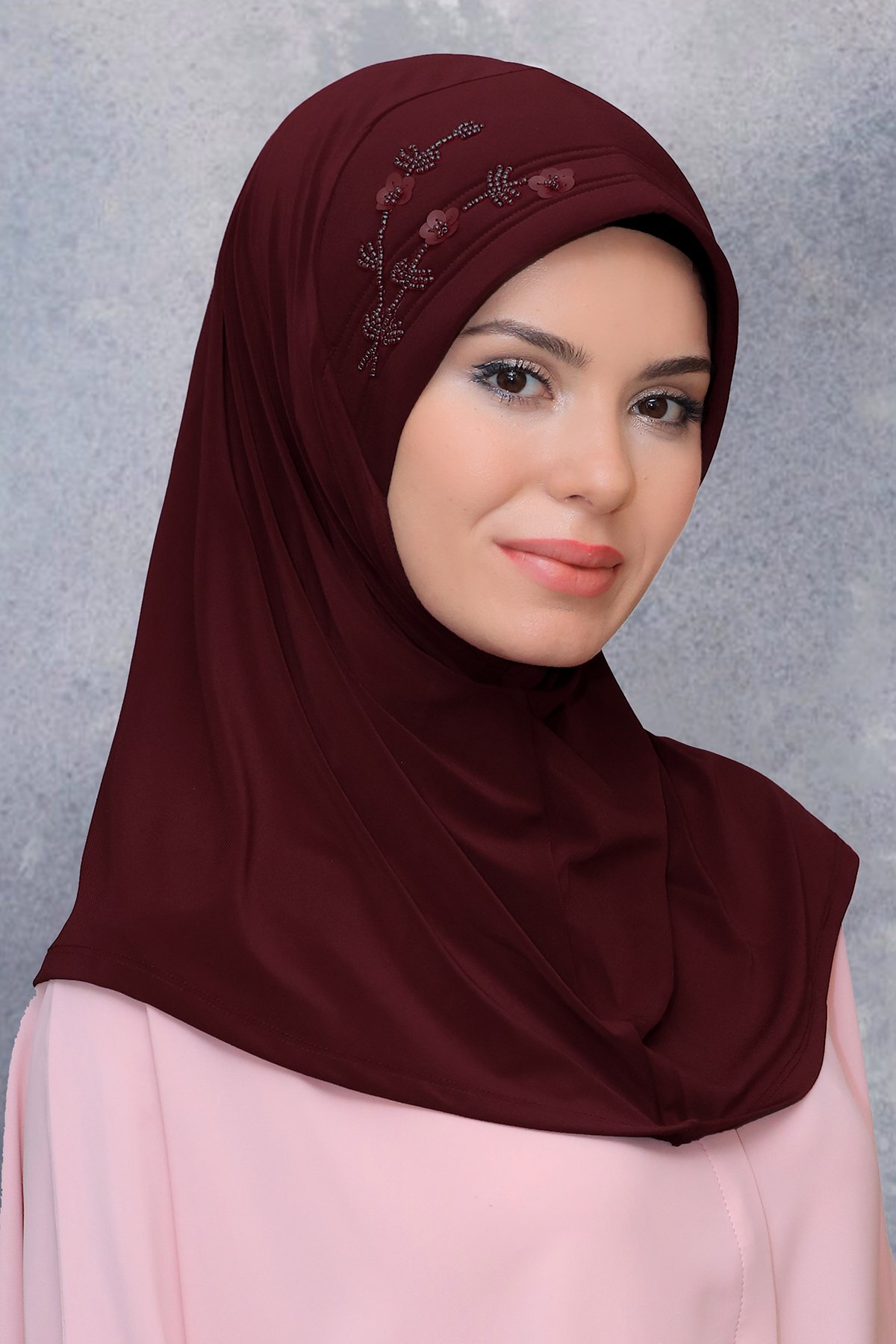 Burgundy Practical Ready-to-Place Hijab Scarf Sandy Fabric Handmade Floral Embroidered Sequins 1604_16
