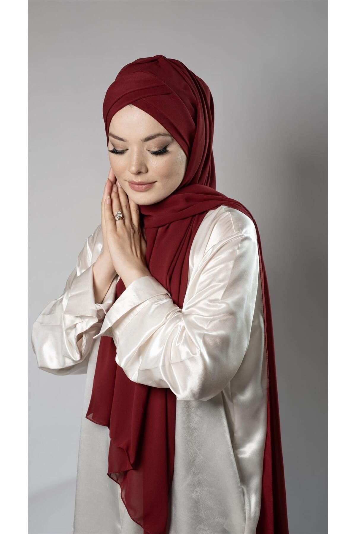 HÜRREM BONE-Claret Red Practical Ready-made Interlocking Bonnet Shawl Chiffon Self-Sewn Bonnet With Two Bands 1452_16 3