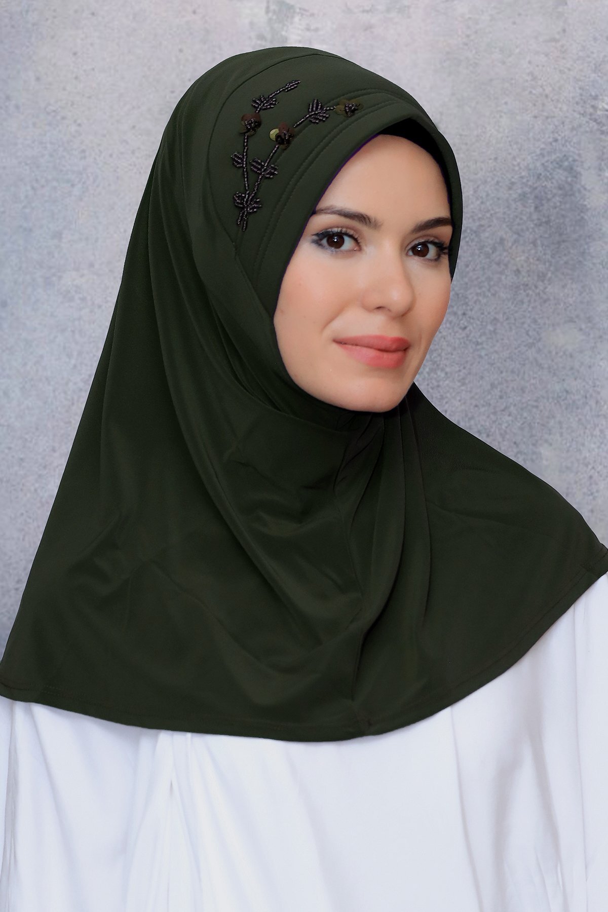 Khaki Practical Ready-to-Place Hijab Scarf Sandy Fabric Handmade Floral Embroidered Sequins 1604_09