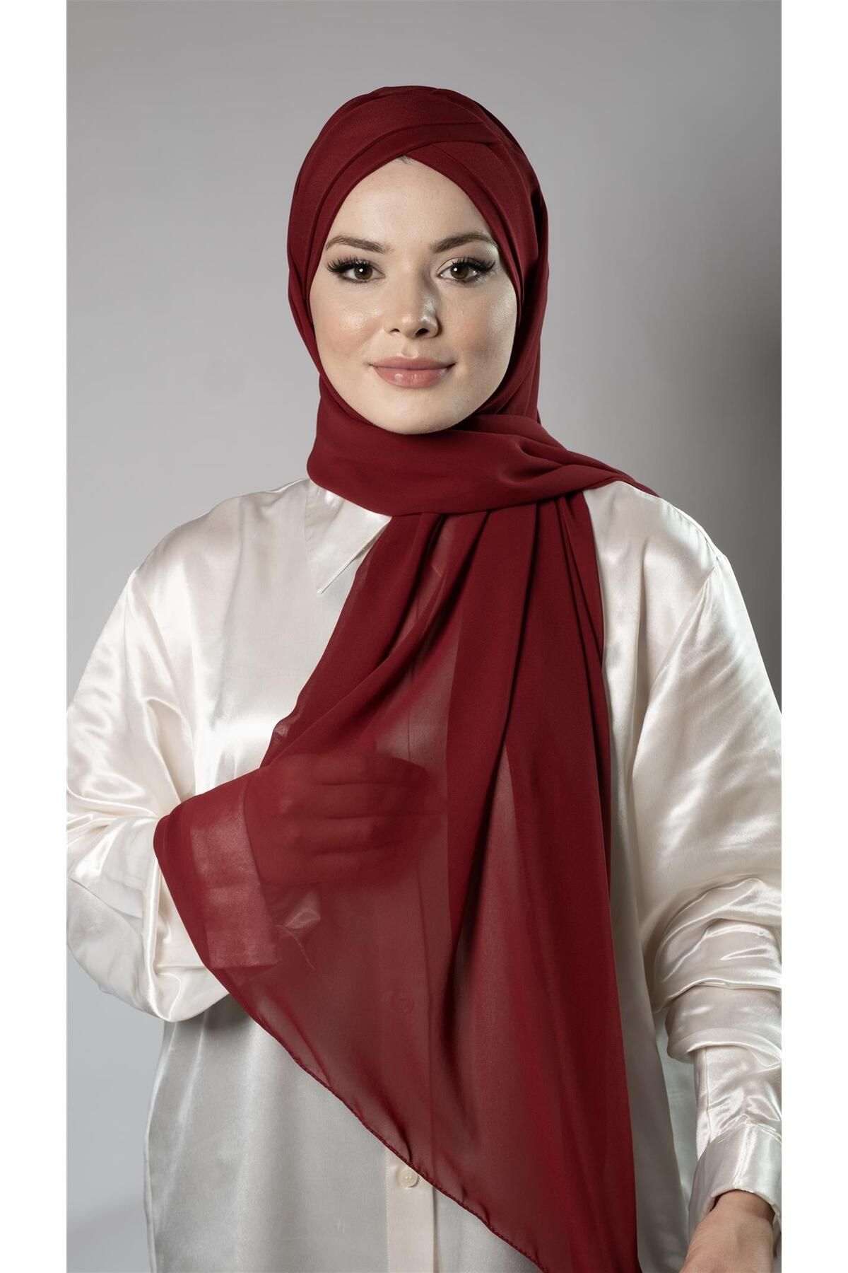 HÜRREM BONE-Claret Red Practical Ready-made Interlocking Bonnet Shawl Chiffon Self-Sewn Bonnet With Two Bands 1452_16 4