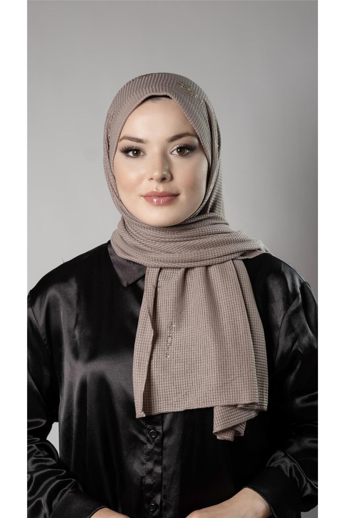 Mink Practical Ready-to-Place Hijab Shawl Knitted Fabric Gemstone Star Pattern 2118Y_10