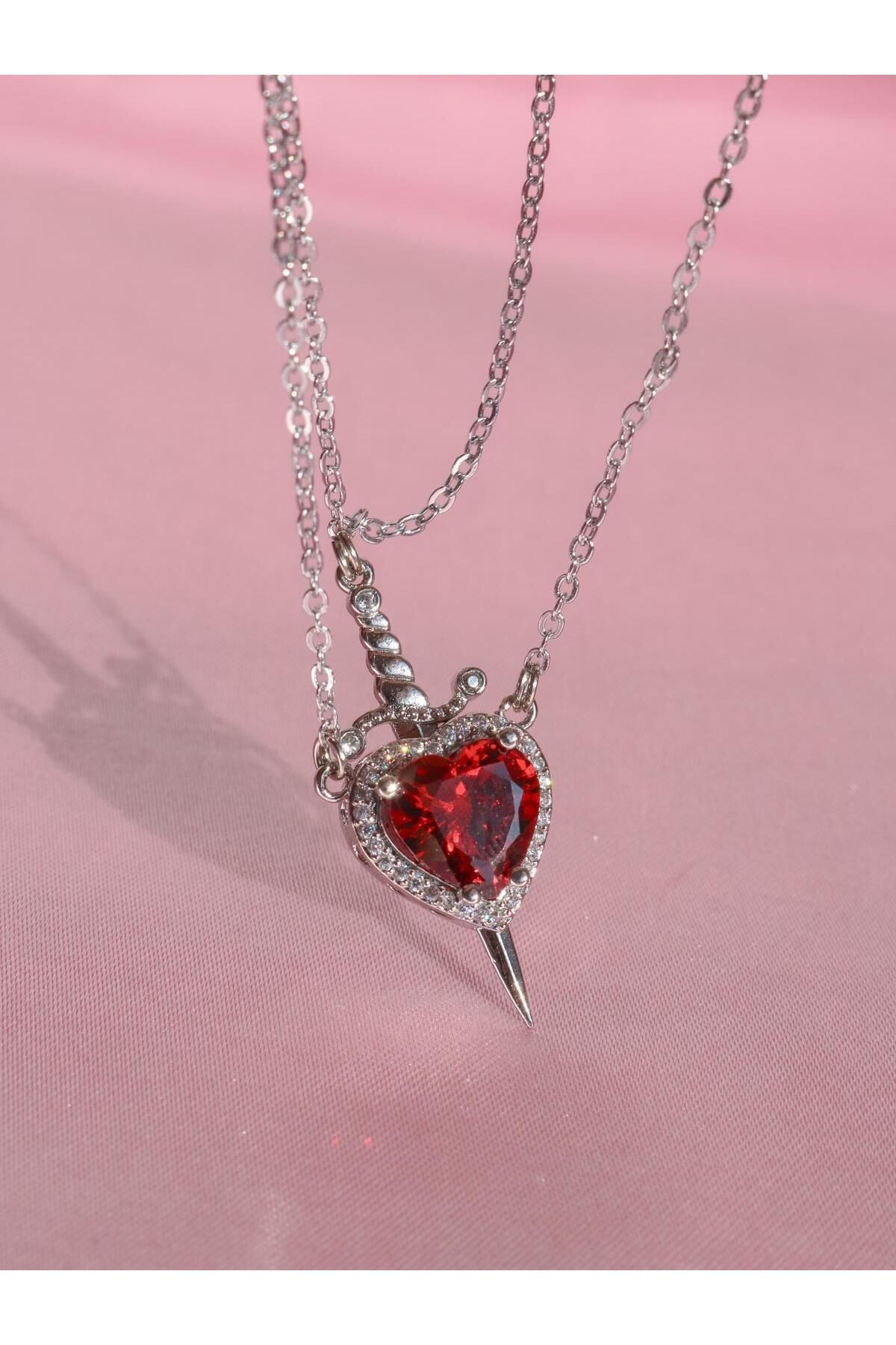 Reorah Collection-Red Stone Heart Sword Couple Necklace 6