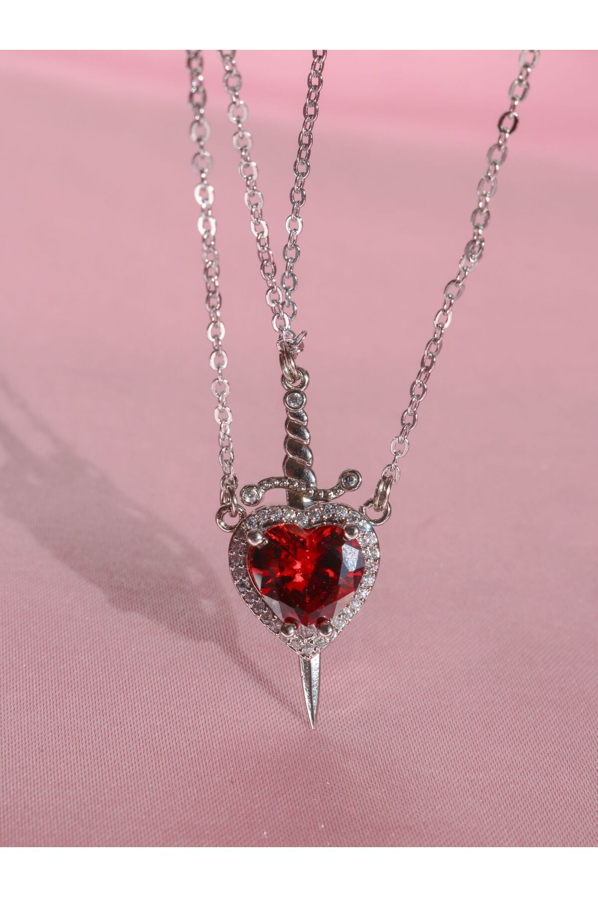 Reorah Collection-Red Stone Heart Sword Couple Necklace 4