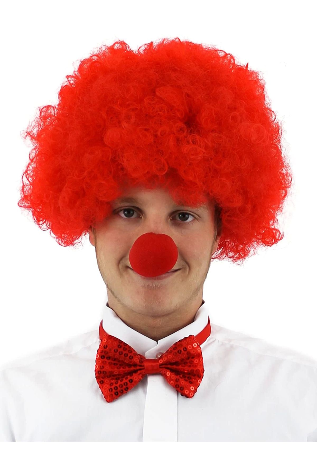 Easy Tedarik Kırmızı Renk Kıvırcık Afro Bonus Peruk Takma Saç Ve Kırmızı Burun Seti