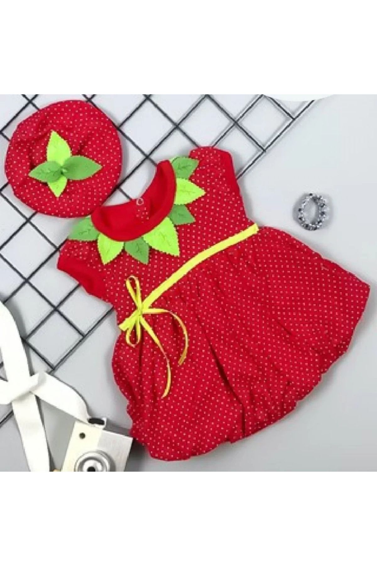 yusuftex Çilek Bebekler Penye Kumaş Kısa Kol Bebek Elbisesi Kırmızı