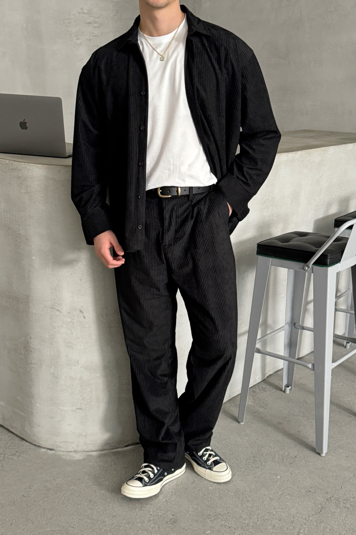 Erkek Oversize Kesim Kadife Gömlek — مشکی HY-03595 — تصویر 5 از 8
