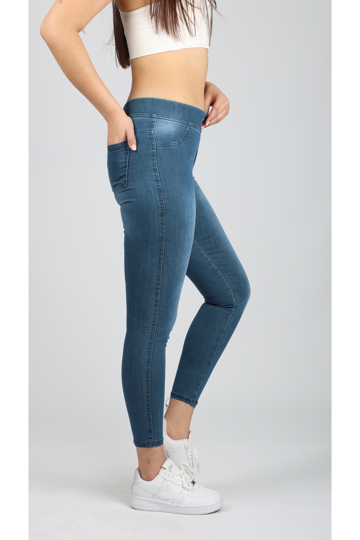 NEŞA KOTÇU  Kadın Mavi Beli Lastikli Tayt Kot Pantolon - Görsel 8