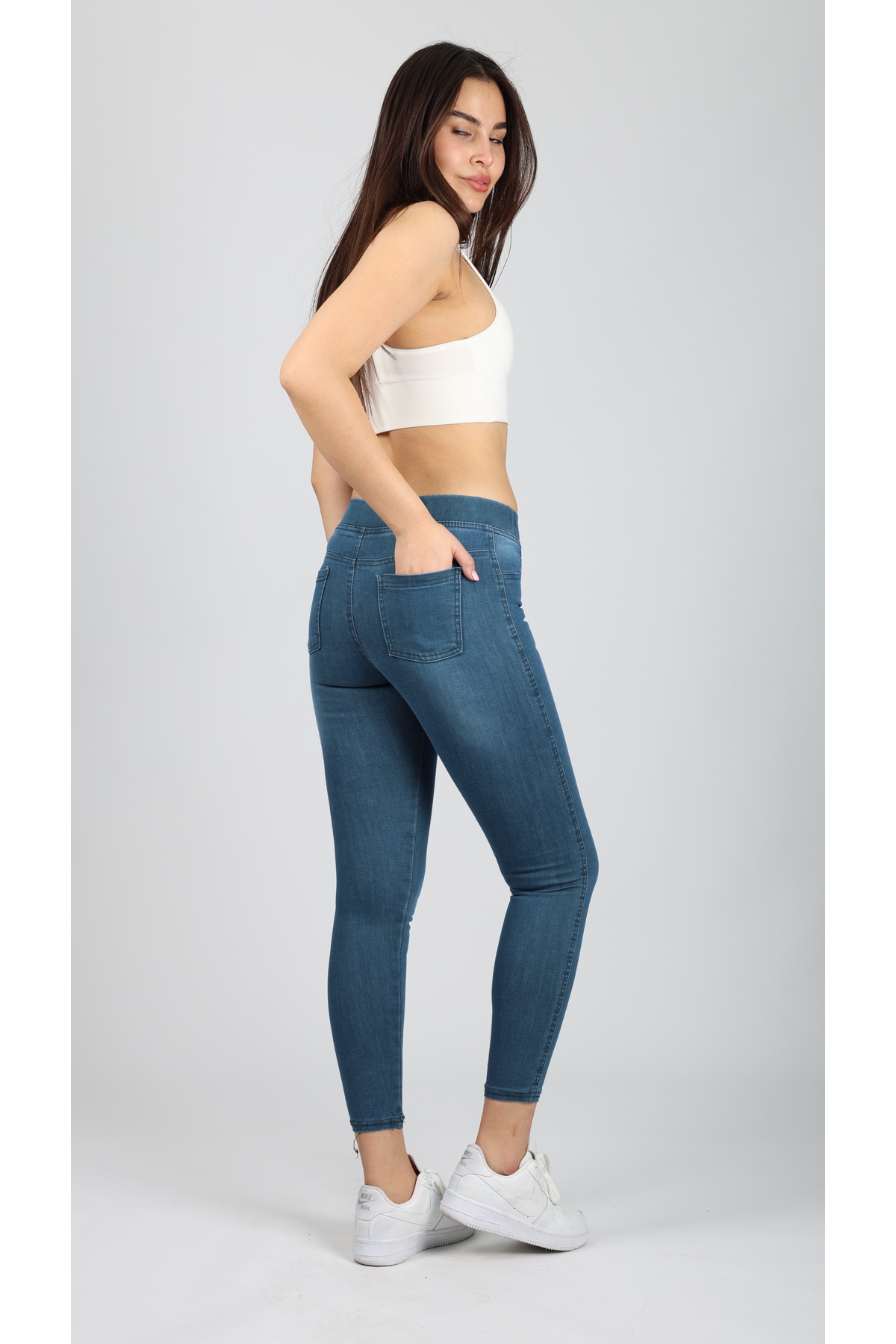 NEŞA KOTÇU  Kadın Mavi Beli Lastikli Tayt Kot Pantolon - Görsel 6