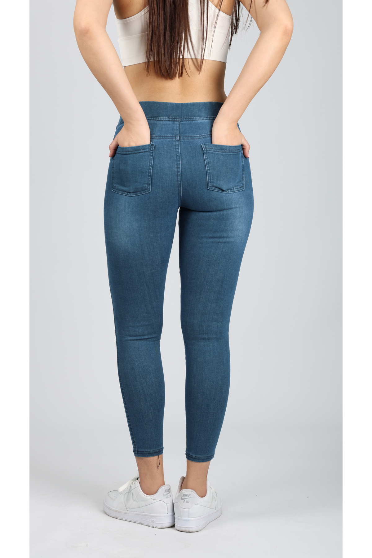 NEŞA KOTÇU  Kadın Mavi Beli Lastikli Tayt Kot Pantolon - Görsel 5