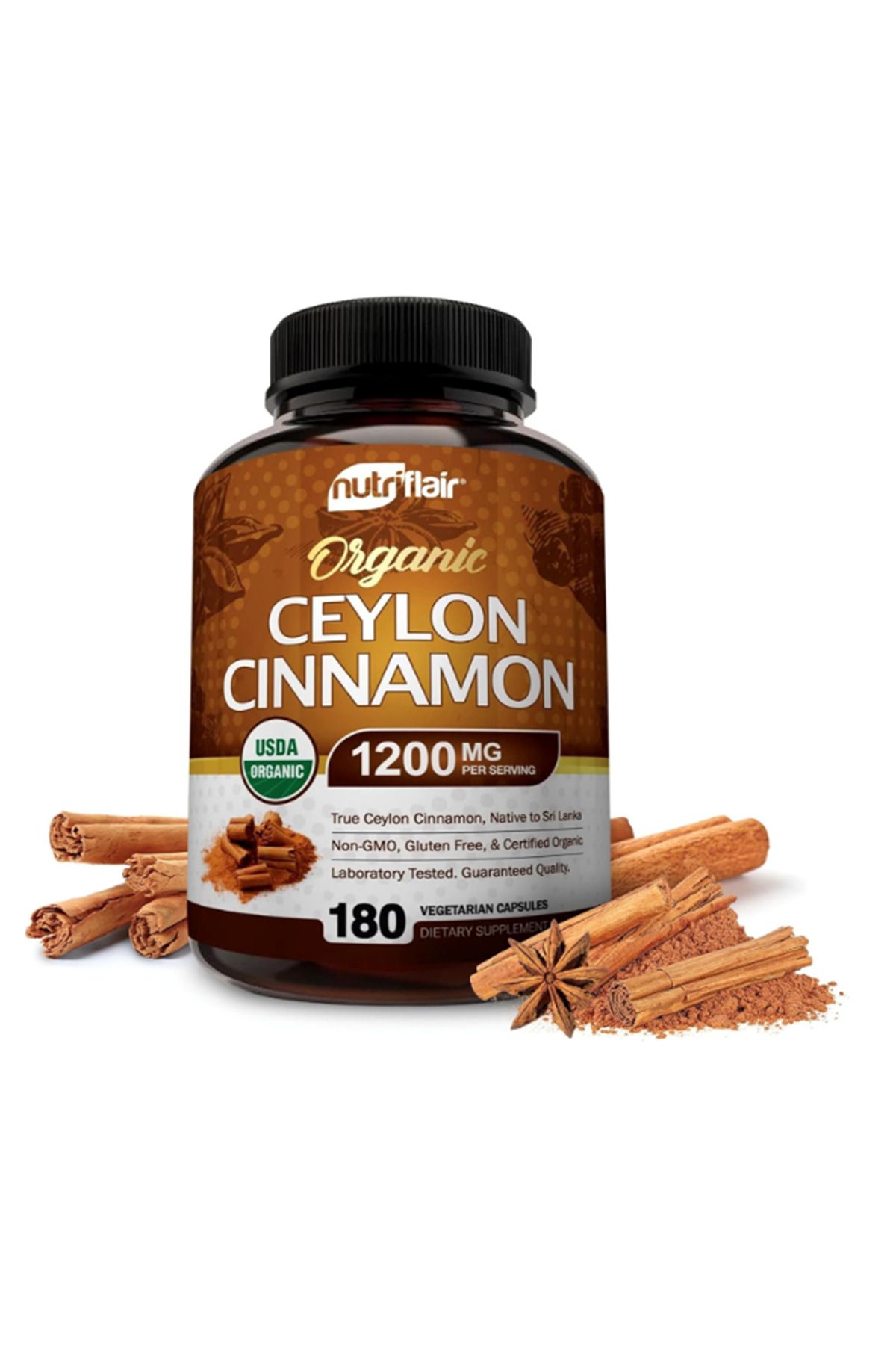 Nutriflair Organic Ceylon Cinnamon (100% CERTİFİED ORGANİC CEYLON CİNNAMON) 1200mg Per Serving, 180