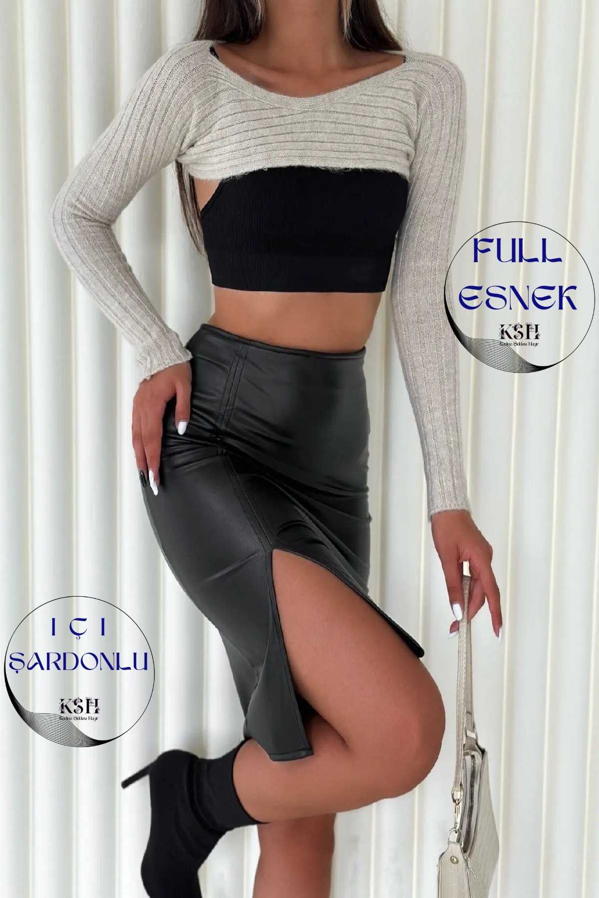 Tan Raised High Waist Slit Side Zippered Pencil Leather Skirt 62 Cm