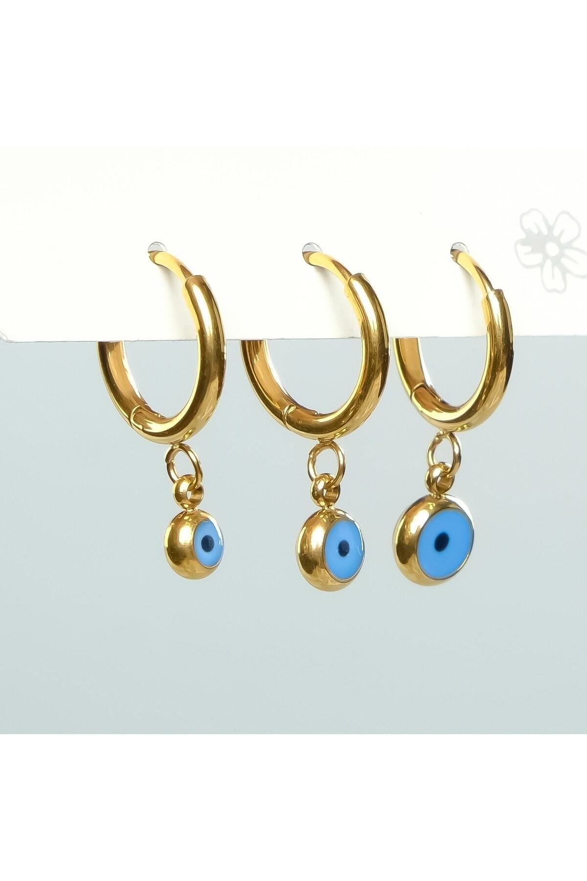 Lekka Design-Triple Dangle Evil Eye Beaded Anti-Tarnish Steel Women's Earrings 4