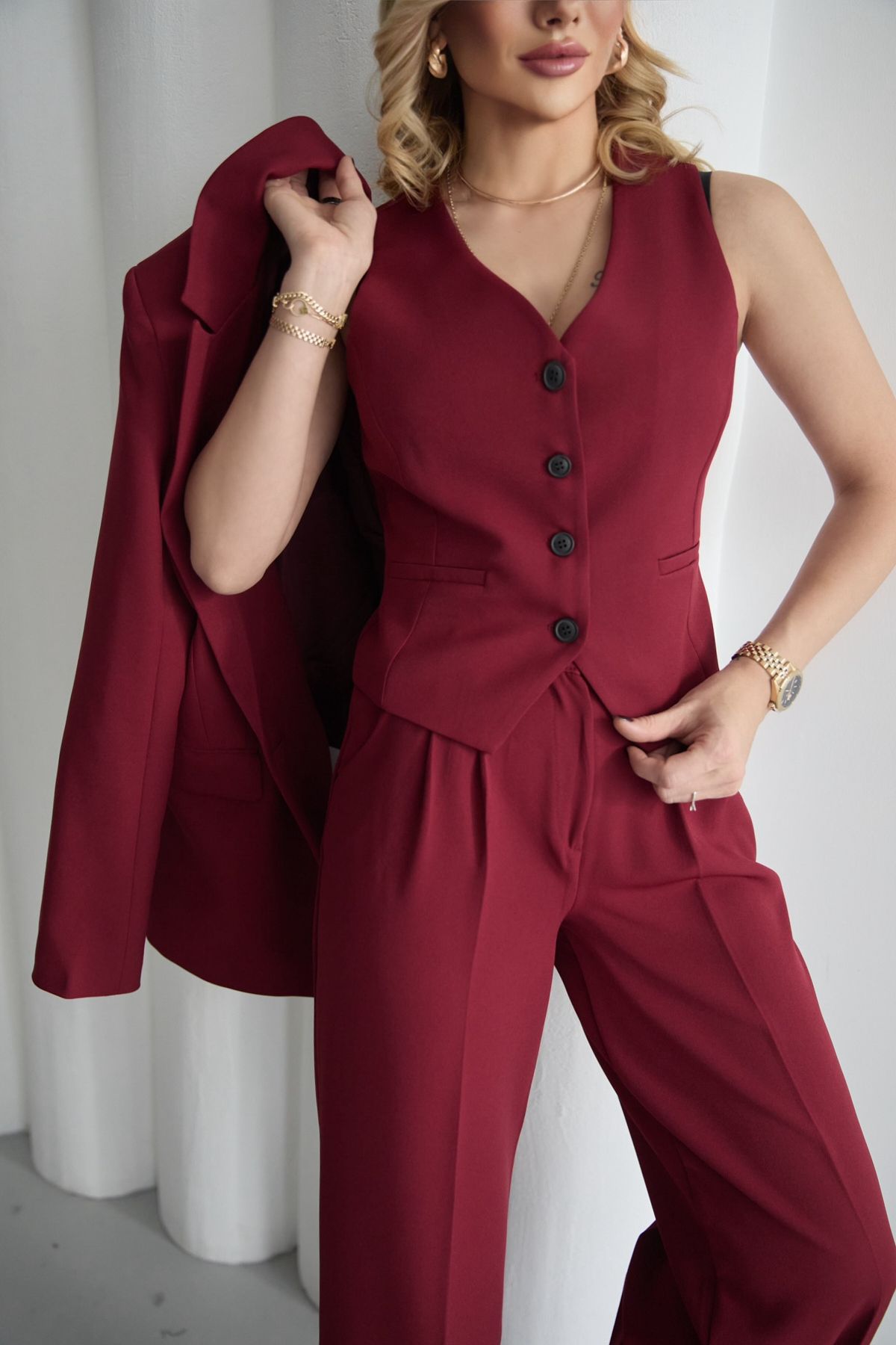 HOEK-Women's Burgundy Blazer Jacket-Vest-Pants Set 1