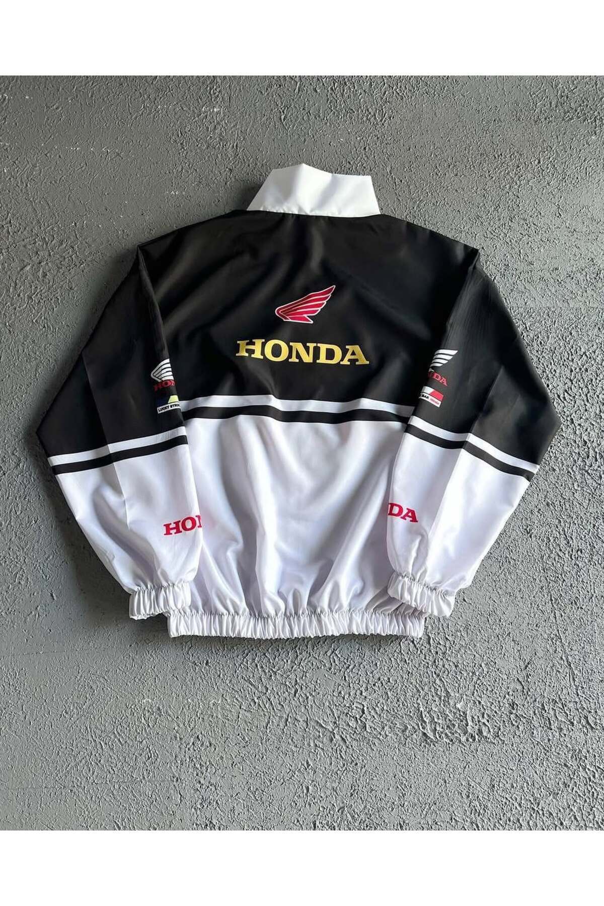 Lushen Honda Beyaz Unisex Paraşüt Kumaş Oversize Baskılı Siyah Rüzgarlık Yağmurluk görsel 3