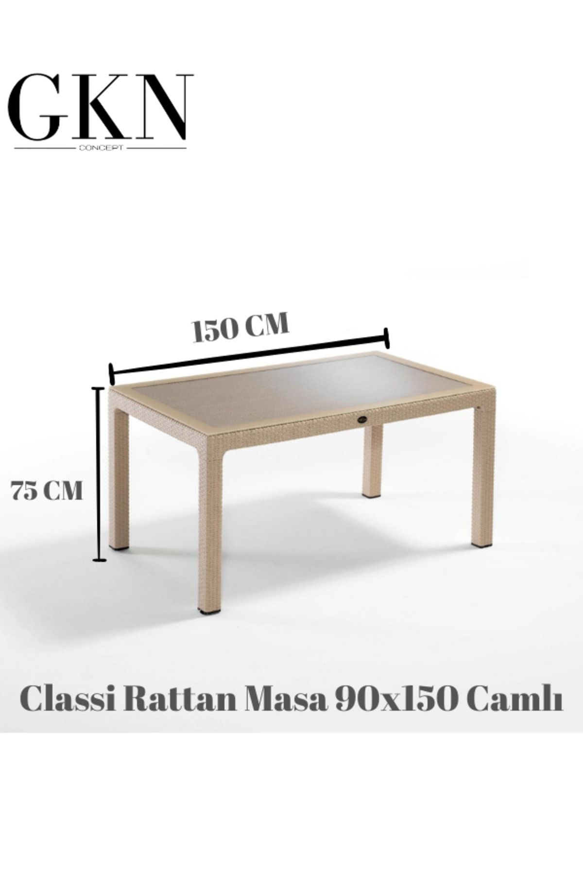 ÖZMOB Novussi Classi Rattan Camlı Masa 90x150 Dikdörtgen Masa Bahçe Masası Rattan Masa Dış Mekan Masası