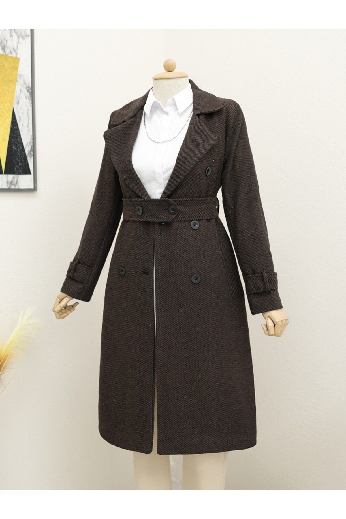 Modamorfo-Brown Coat with Bolero Detail and Belt 1