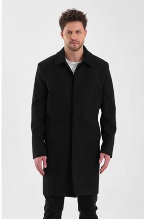 MASERTO Erkek Siyah Kaşe Kaban Düzen Desenli