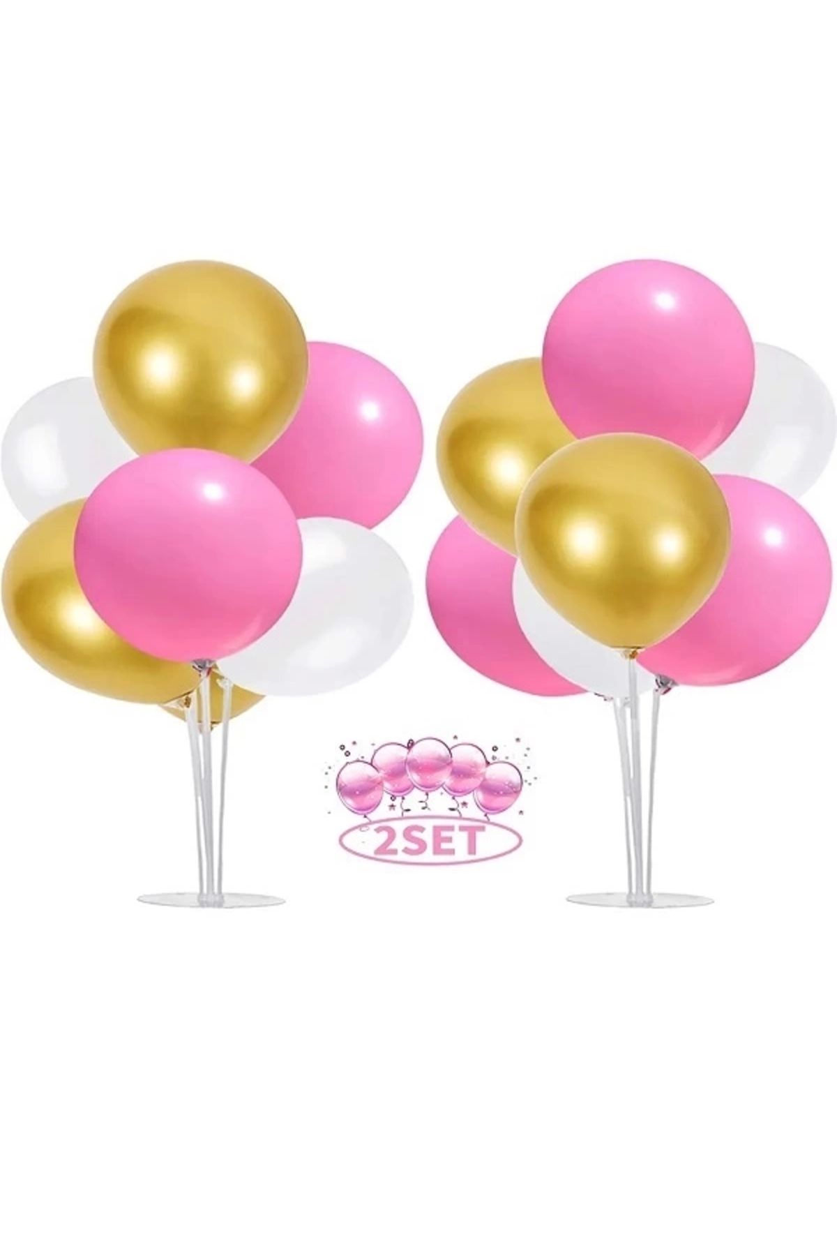 Papatya Süs Evi 2 Adet 7'li Balon Standı Ve 14 Adet Gold- Pembe- Beyaz Metalik Balon Set Bebek Çoçuk Balon Set