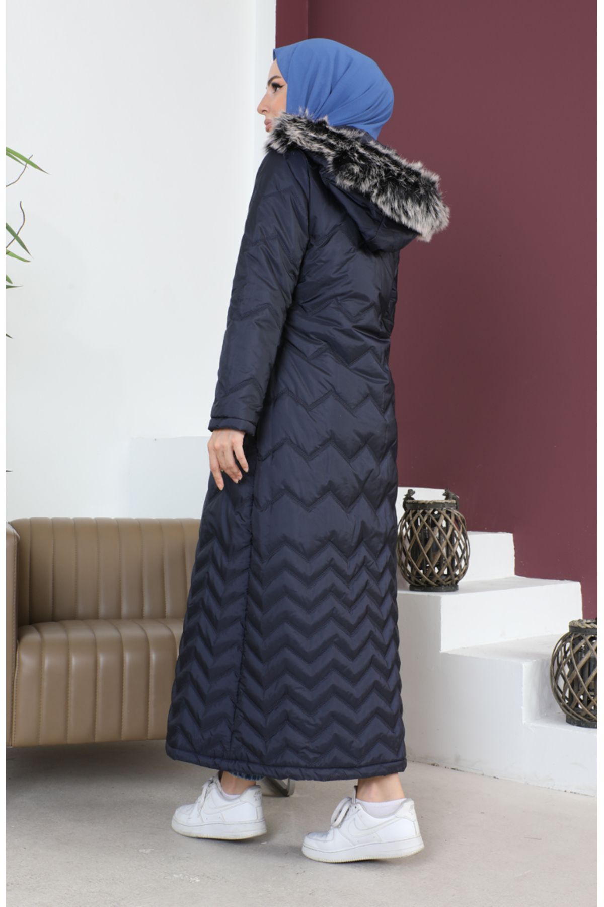 sefamerve-Zigzag Patterned Quilted Coat 5198-02 Navy Blue 5