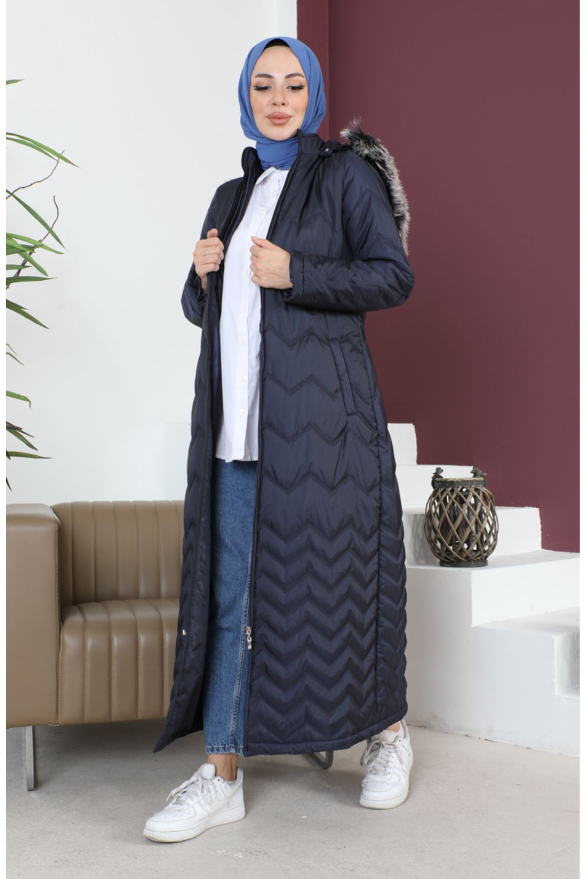 sefamerve-Zigzag Patterned Quilted Coat 5198-02 Navy Blue 2