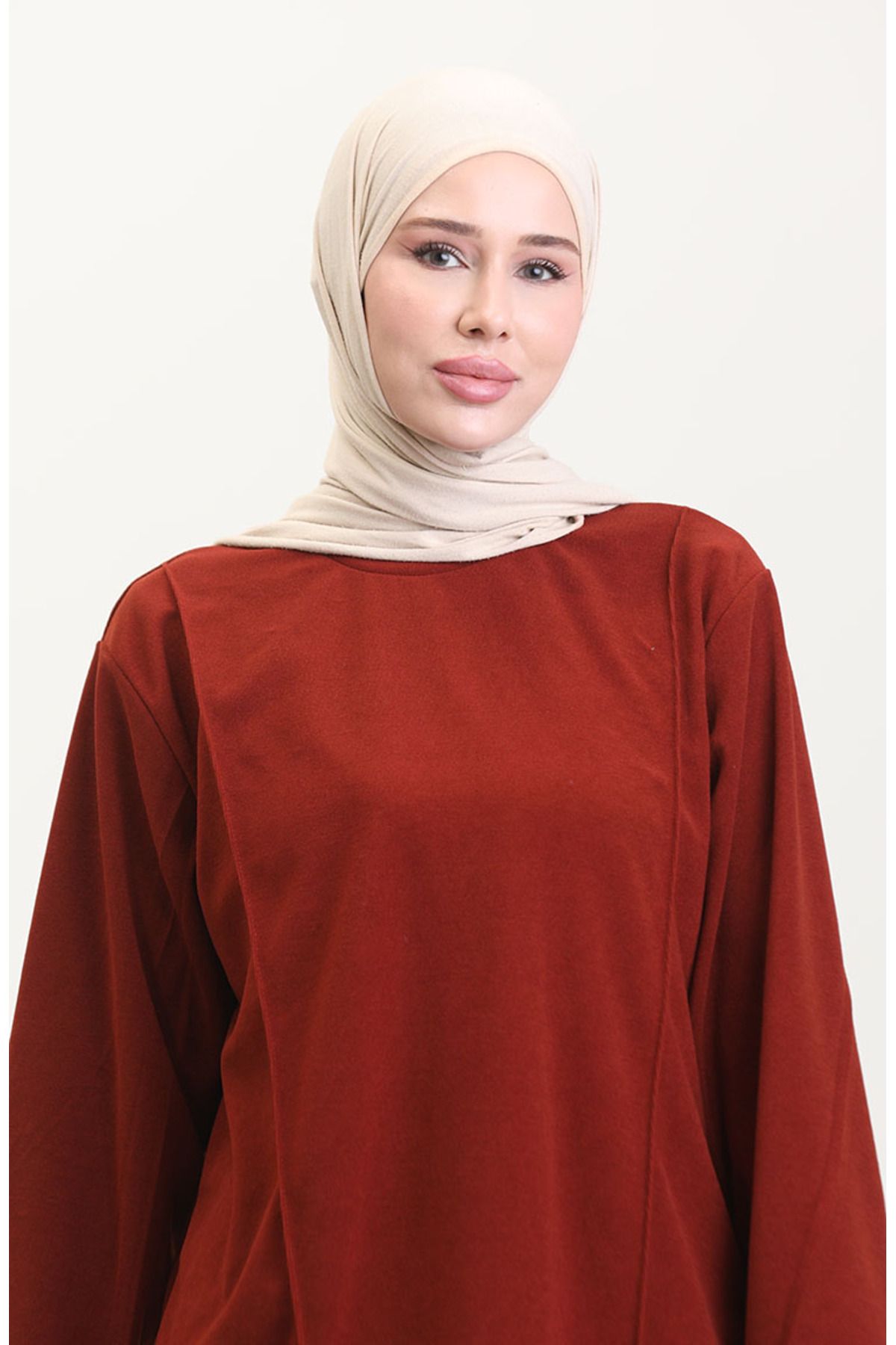 sefamerve-Tile Color Astana Fabric Tunic and Trousers Set of Two - 0551-03 3