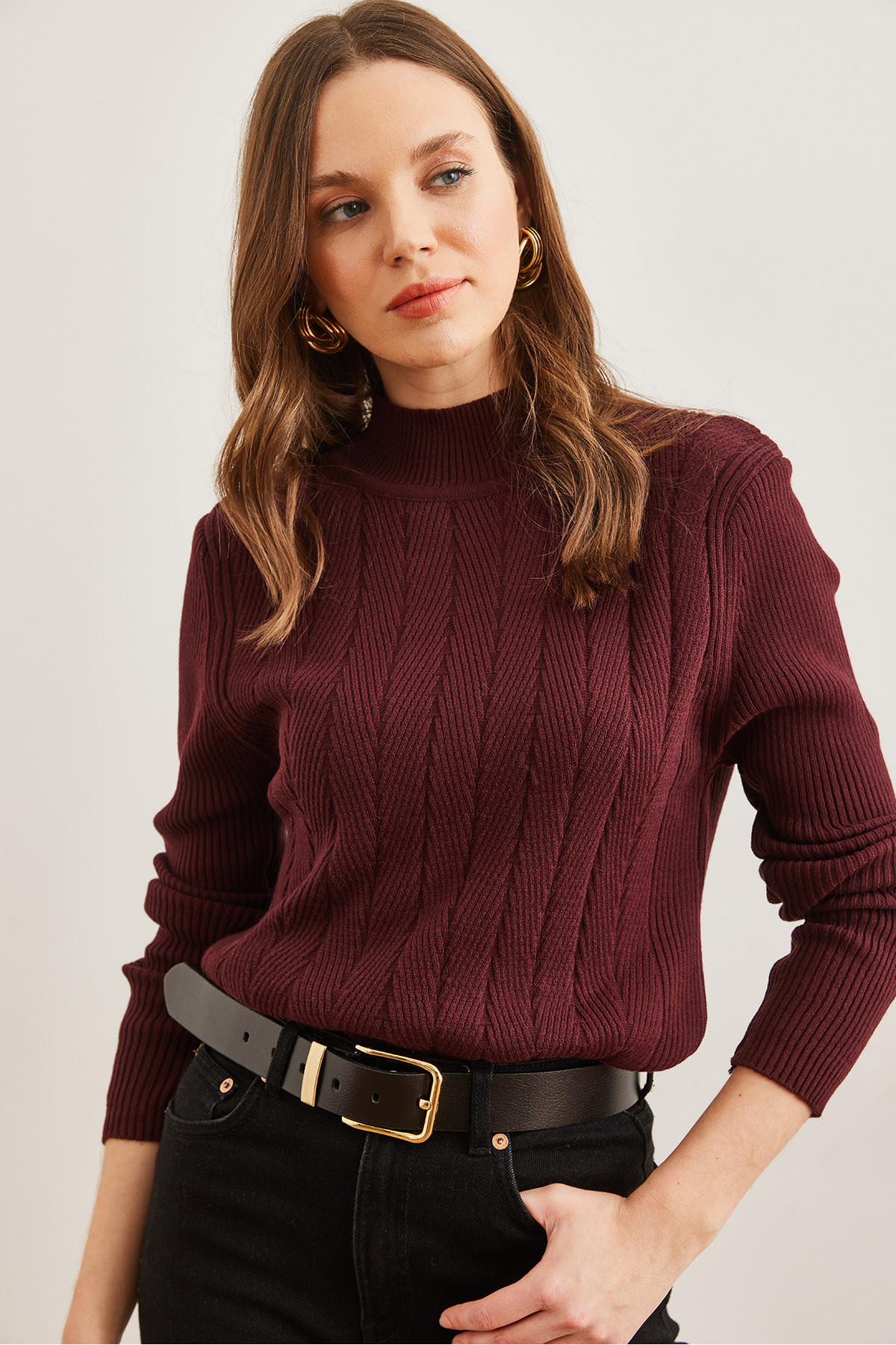 Olalook  Kadın Bordo Yarım Balıkçı Zikzak Dokulu Yumuşak Triko Kazak KZK-19000447 - Görsel 3