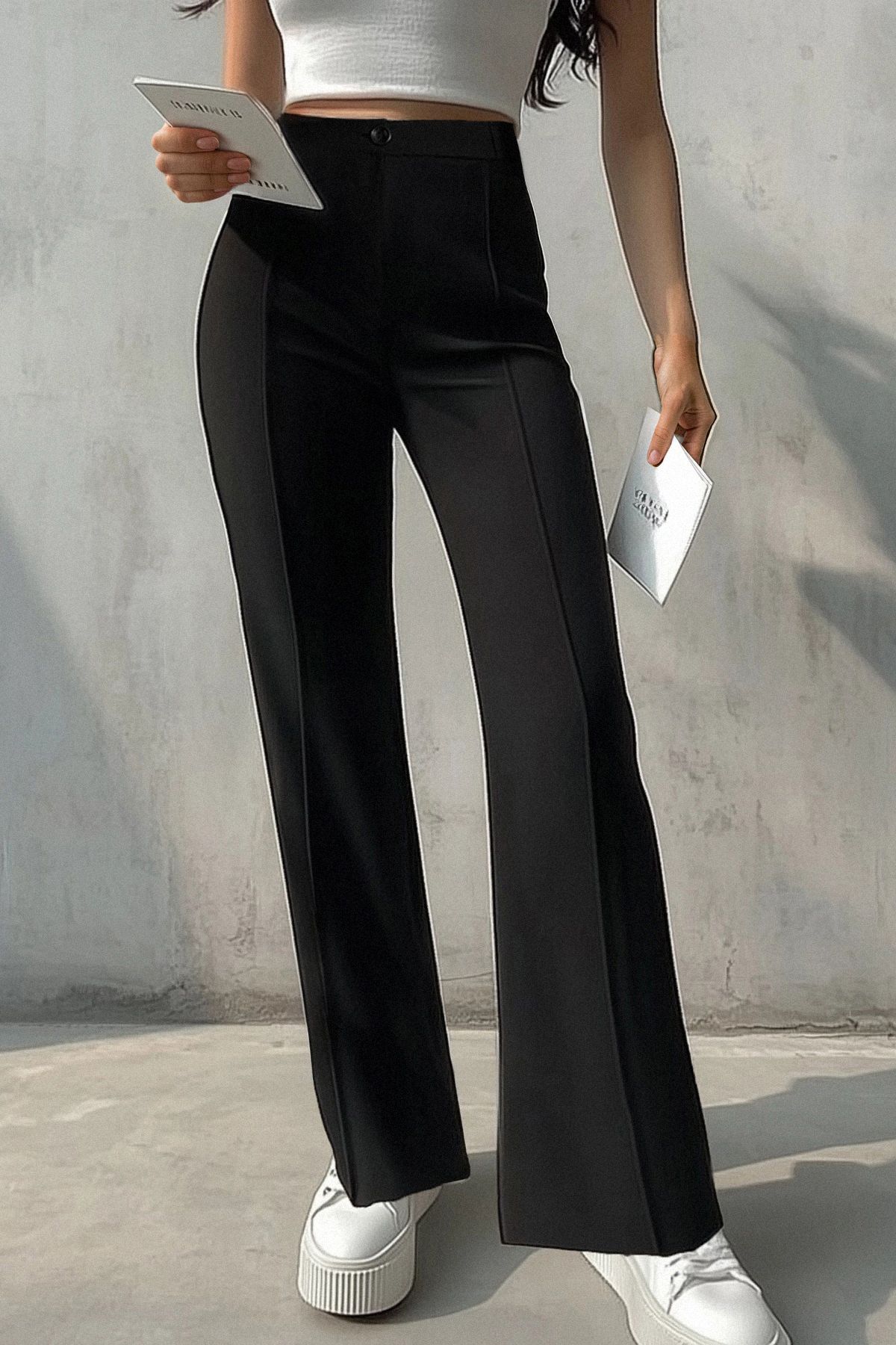 Trendyol Collection-Schwarze, gerade geschnittene, gerippte, genähte Webhose mit hoher Taille TWOSS21PL0093 13