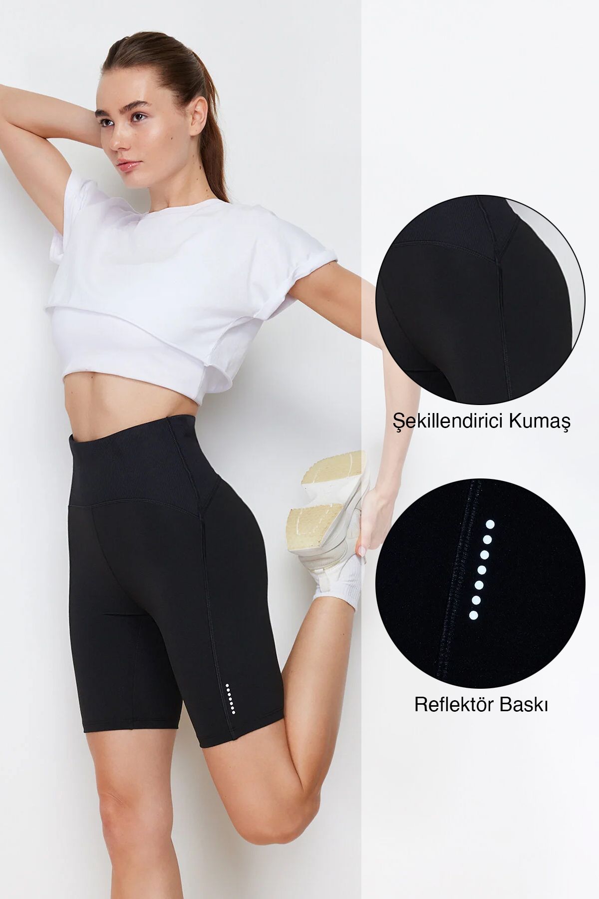 Trendyol Collection Schwarze Matte Recovery-stoff Reflektor Gedruckt Gestrickte Sport Biker/radfahrer/kurze Leggings für Damen - M