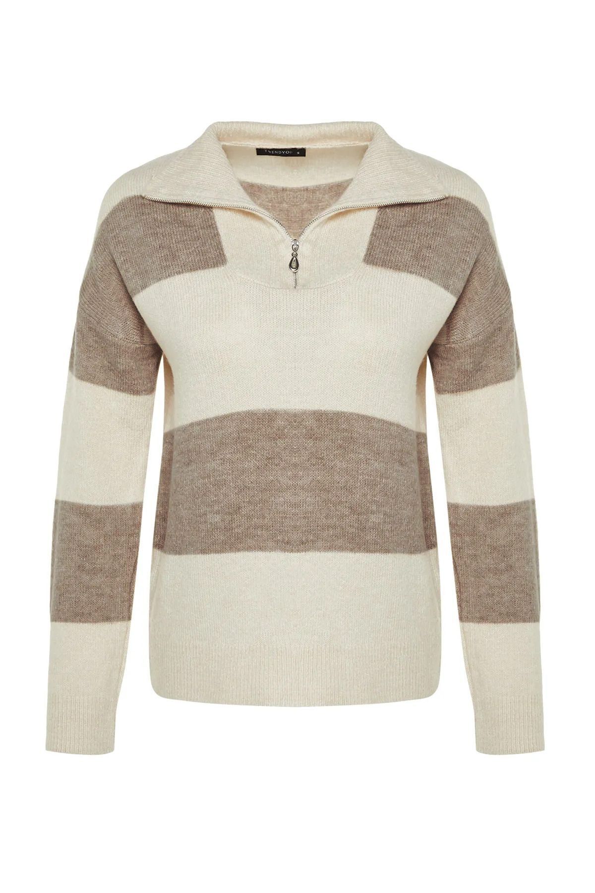 Trendyol Collection-Weich strukturierter beige Strickpullover – weite Passform, Reißverschluss TWOAW22KZ0424 6