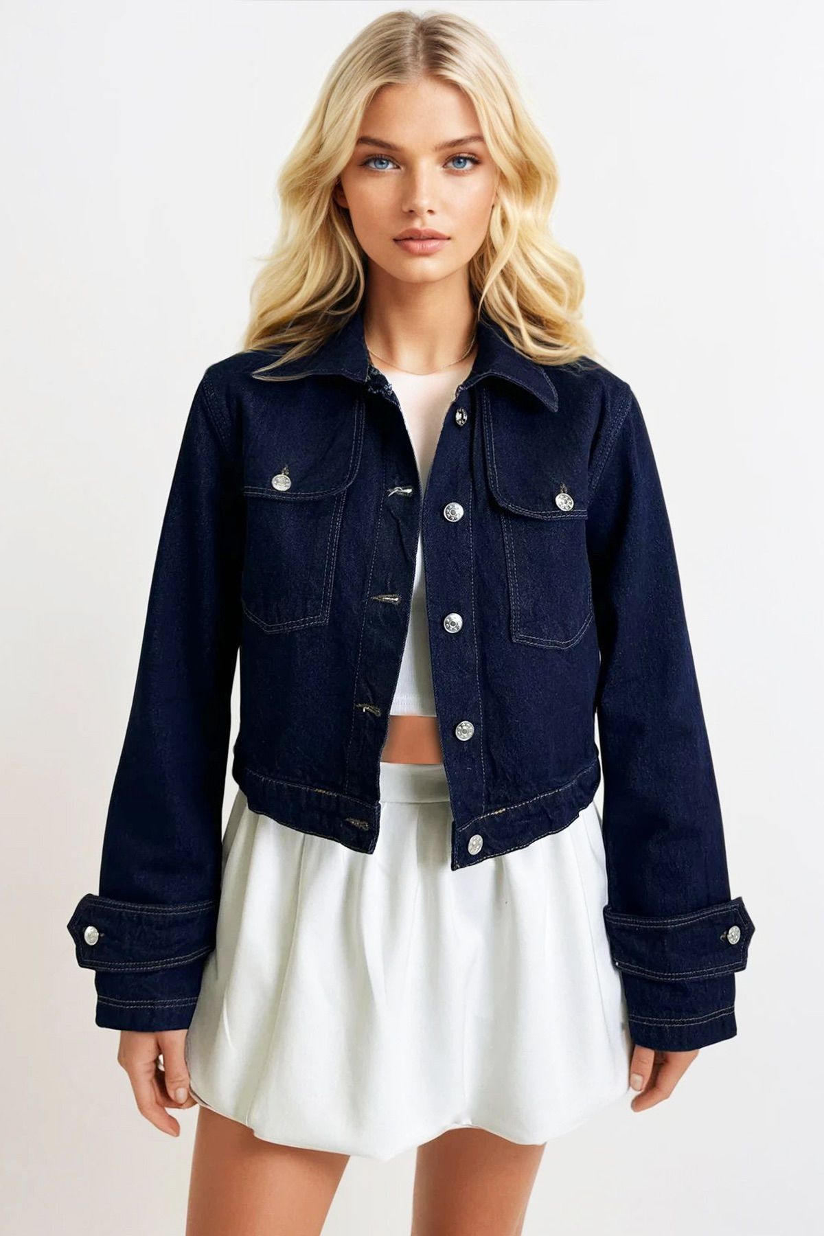 Trend Alaçatı Stili-Dámská námořnická modrá nárameníková bunda Detailed Crop Jean Jacket Alc-X13310 3