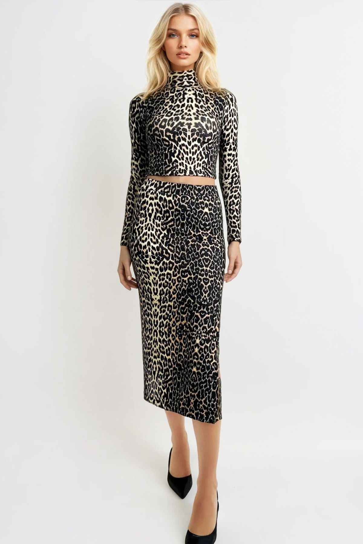 Trend Alaçatı Stili-Leopard Print Soft Textured Crop Blouse and Maxi Skirt Set - Alc-X13326 2