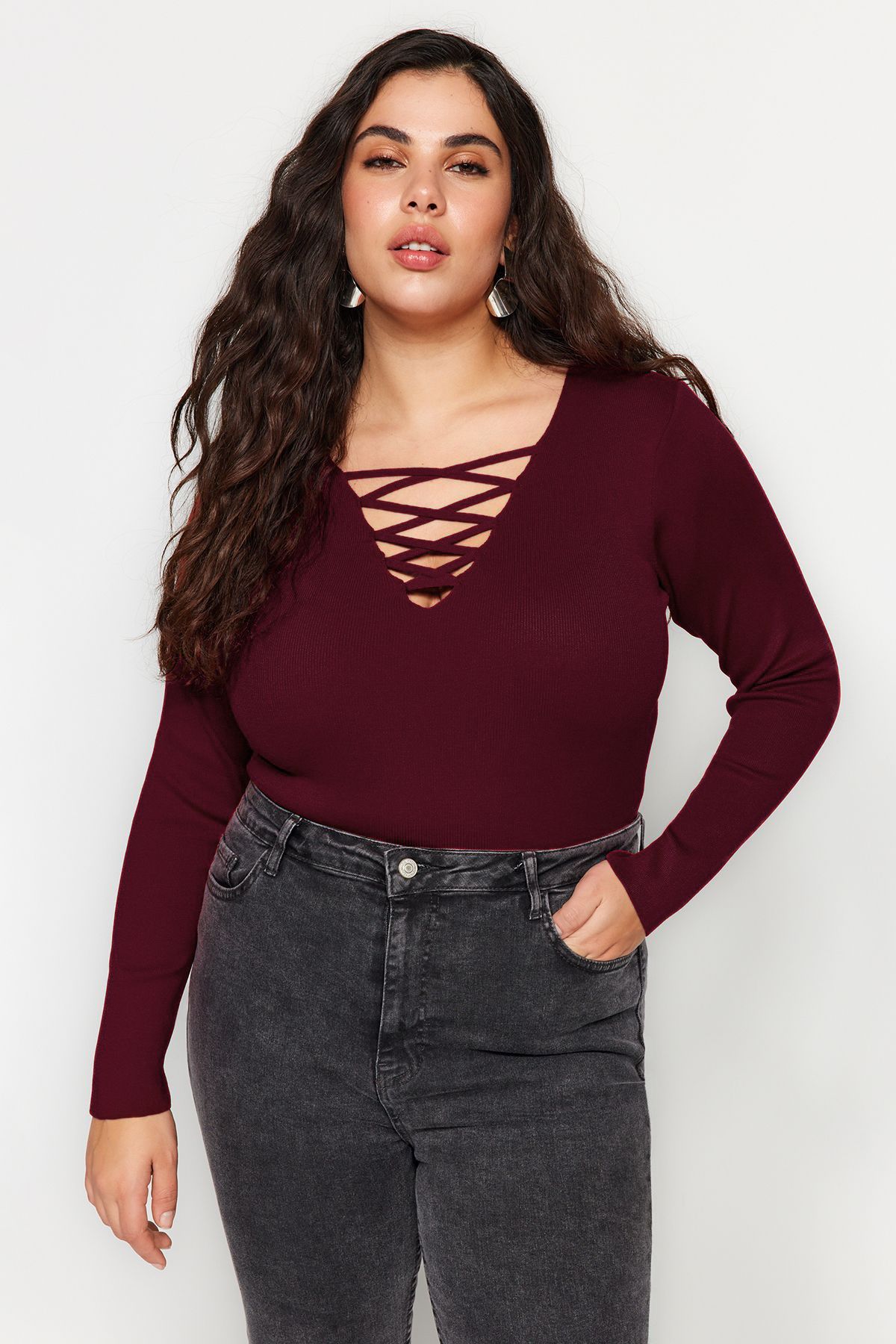 Trendyol Curve Sweter Z Dzianiny Cherry Cross Body Wrap Britli Tbbaw24an00011 Kobieta - 4XL