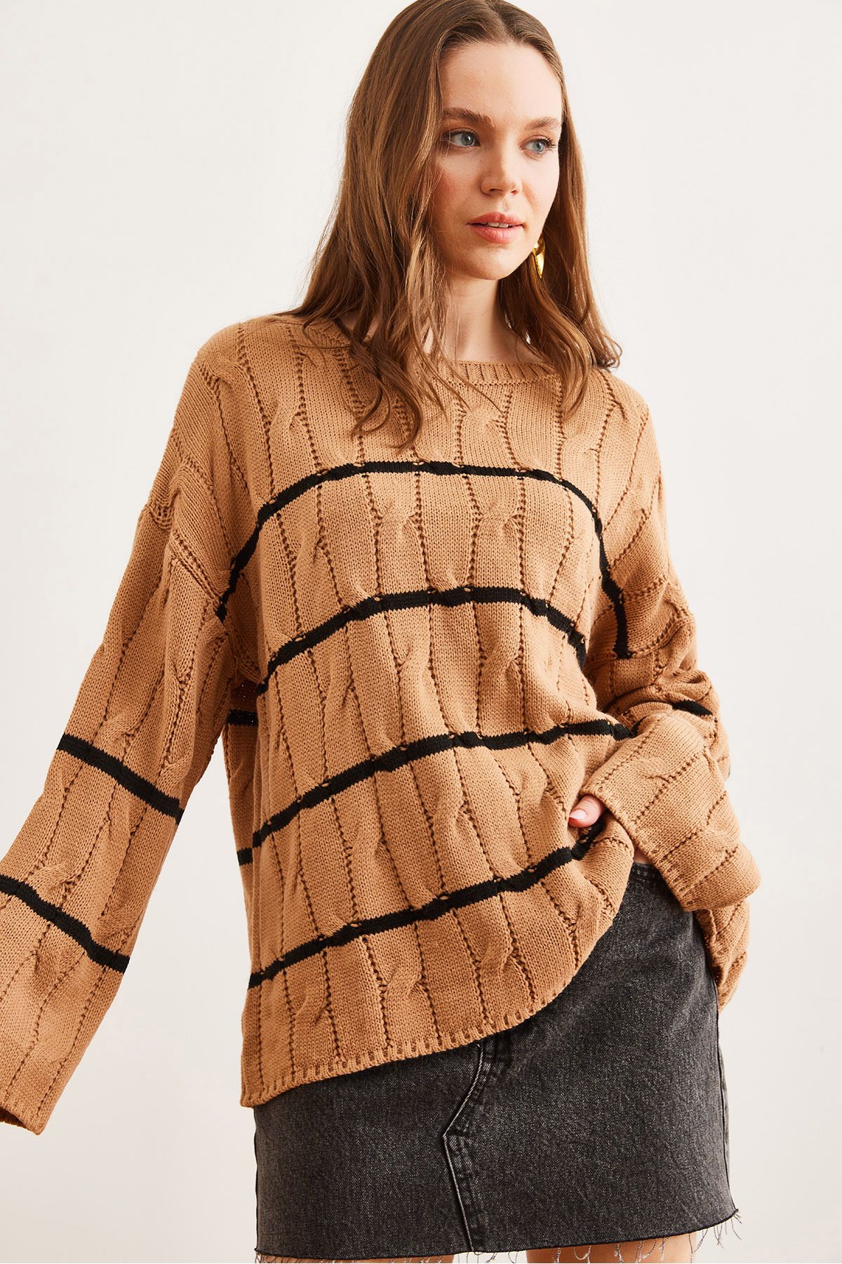 Olalook-Women's Camel Hair Braided Line Detailed Knitwear Sweater Kzk- 19000919 5