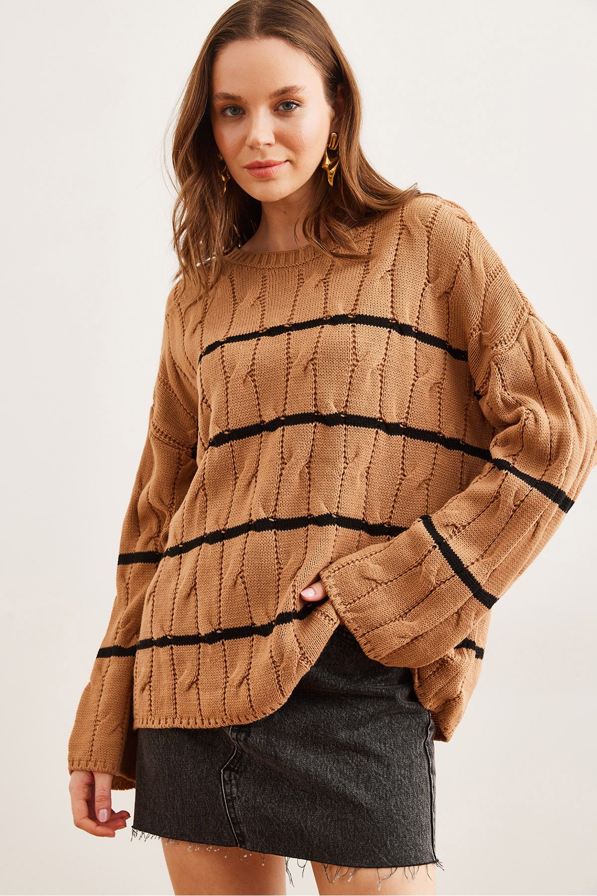 Olalook-Women's Camel Hair Braided Line Detailed Knitwear Sweater Kzk- 19000919 3