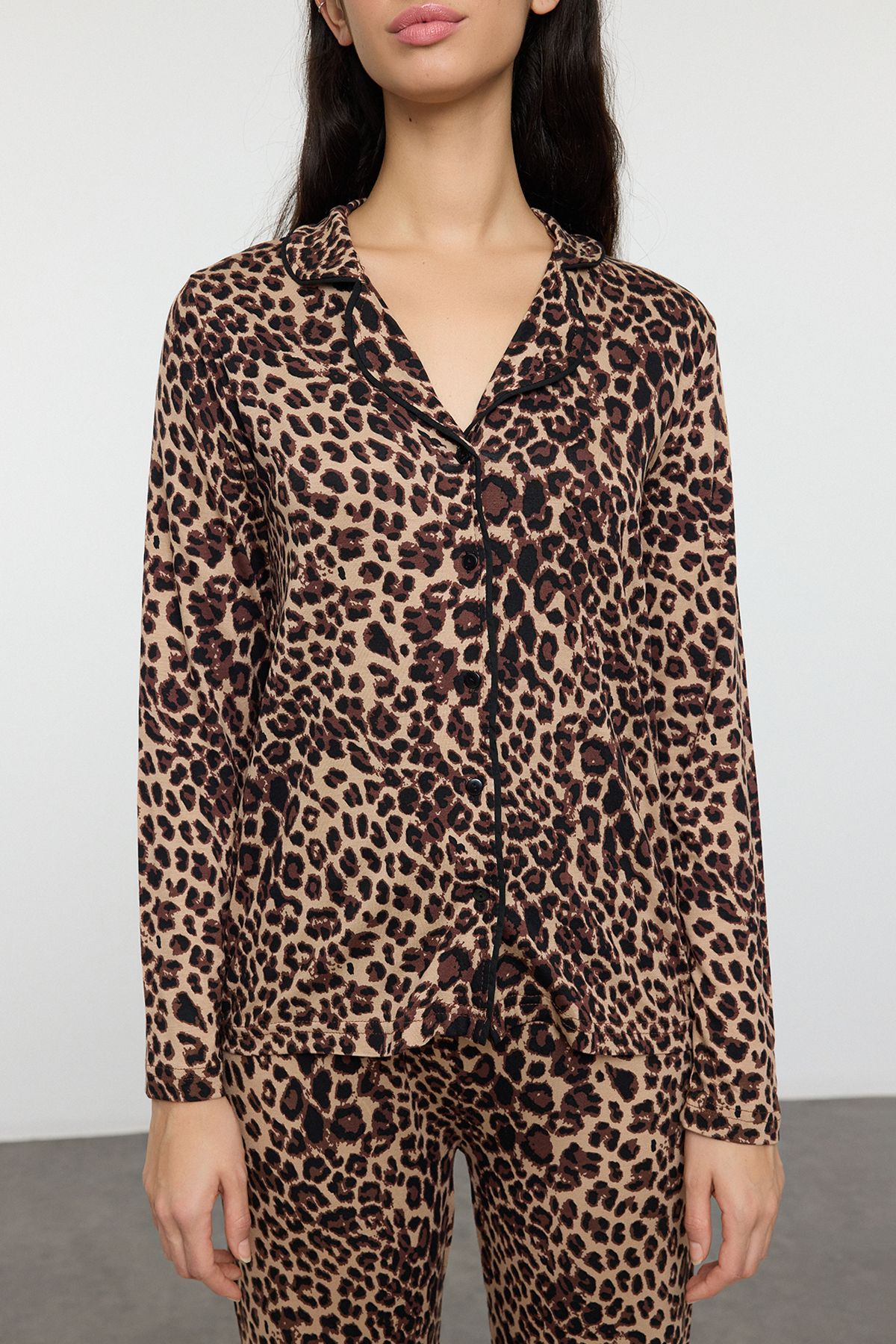 Trendyol Collection-Leopard Print Ribbon Bow Ribbed Pajamas Set - Thmaw25Pt00107 3