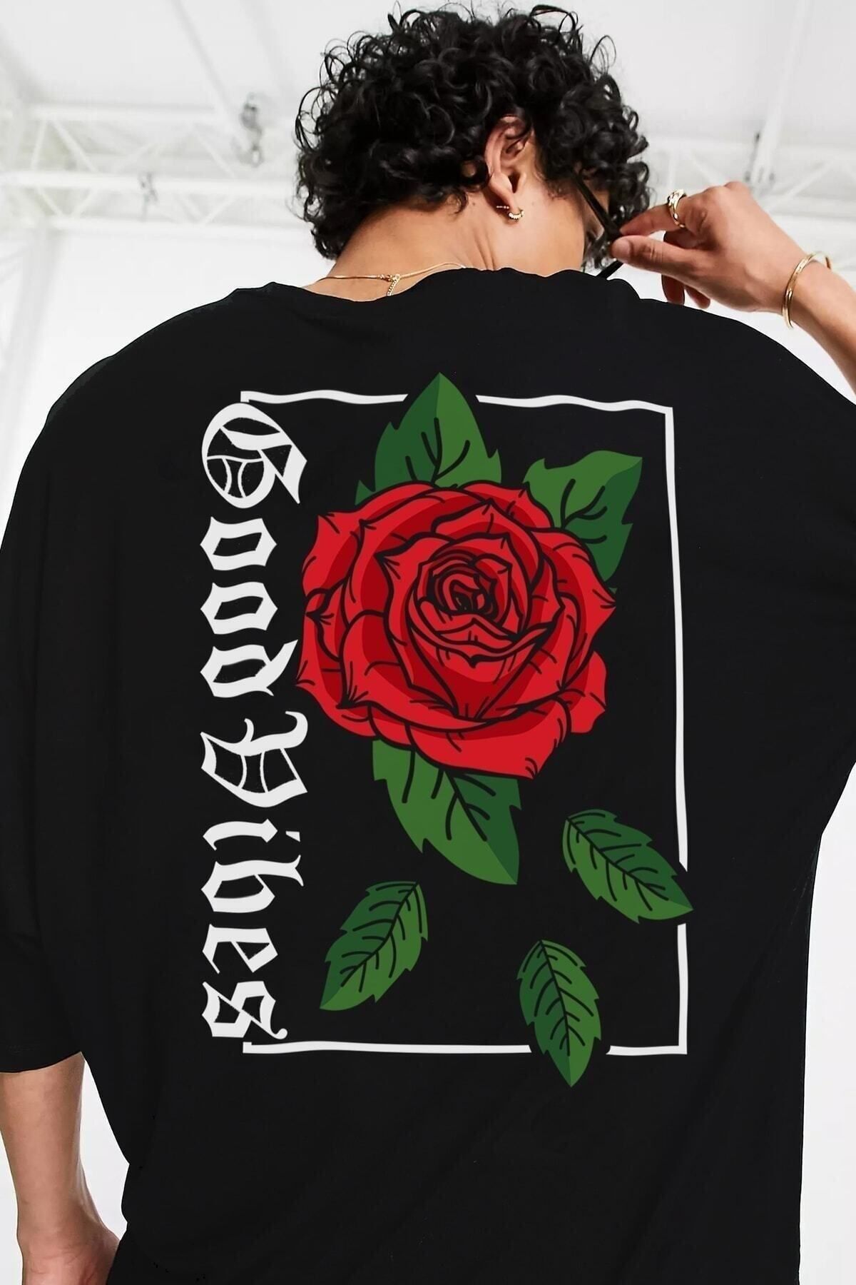 New Shine Oversize Rose Unisex Siyah T-shirt