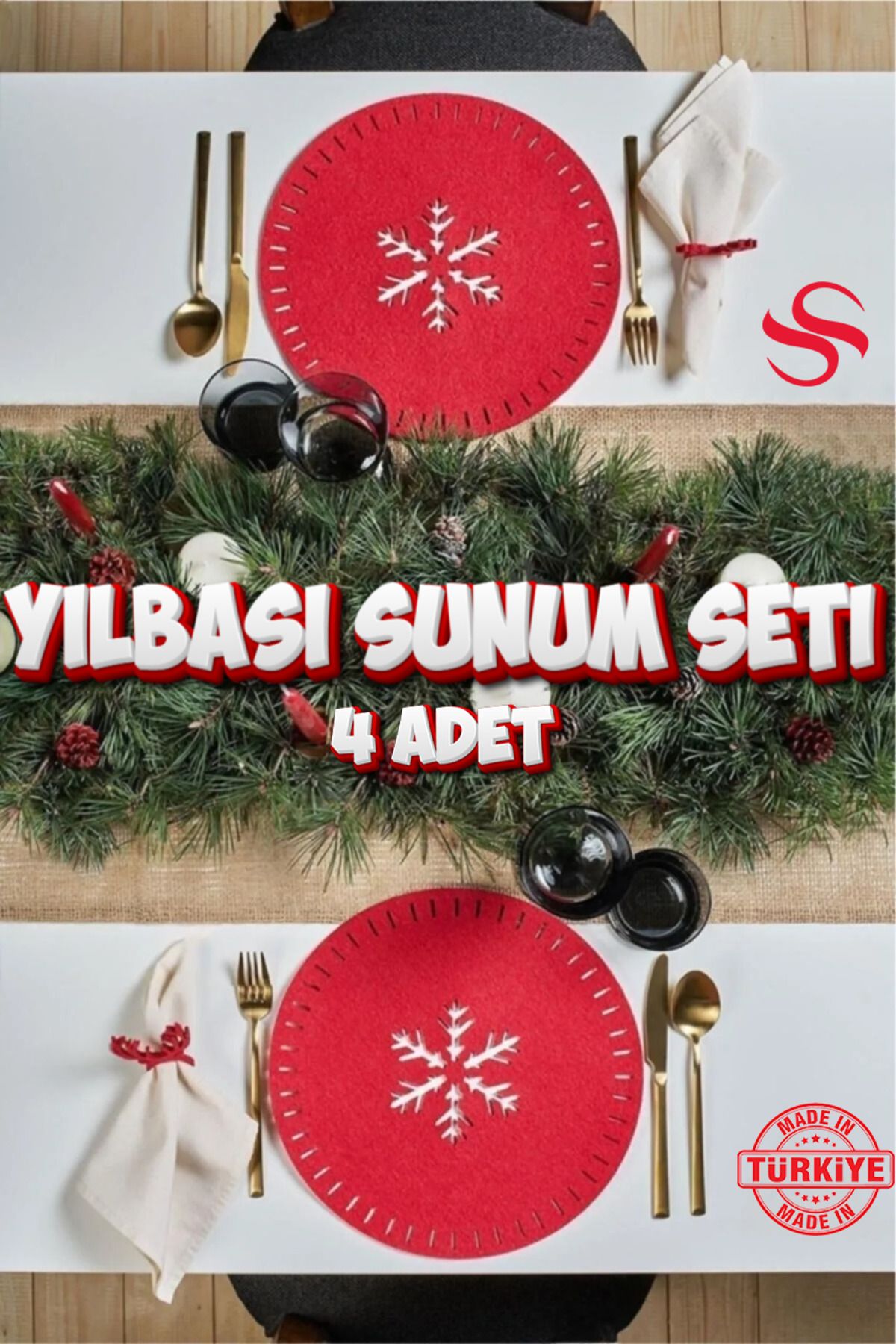 Elioure Yılbaşı Temalı Keçe Amerikan Servisi, 4'lü Paket, Kırmızı Renk