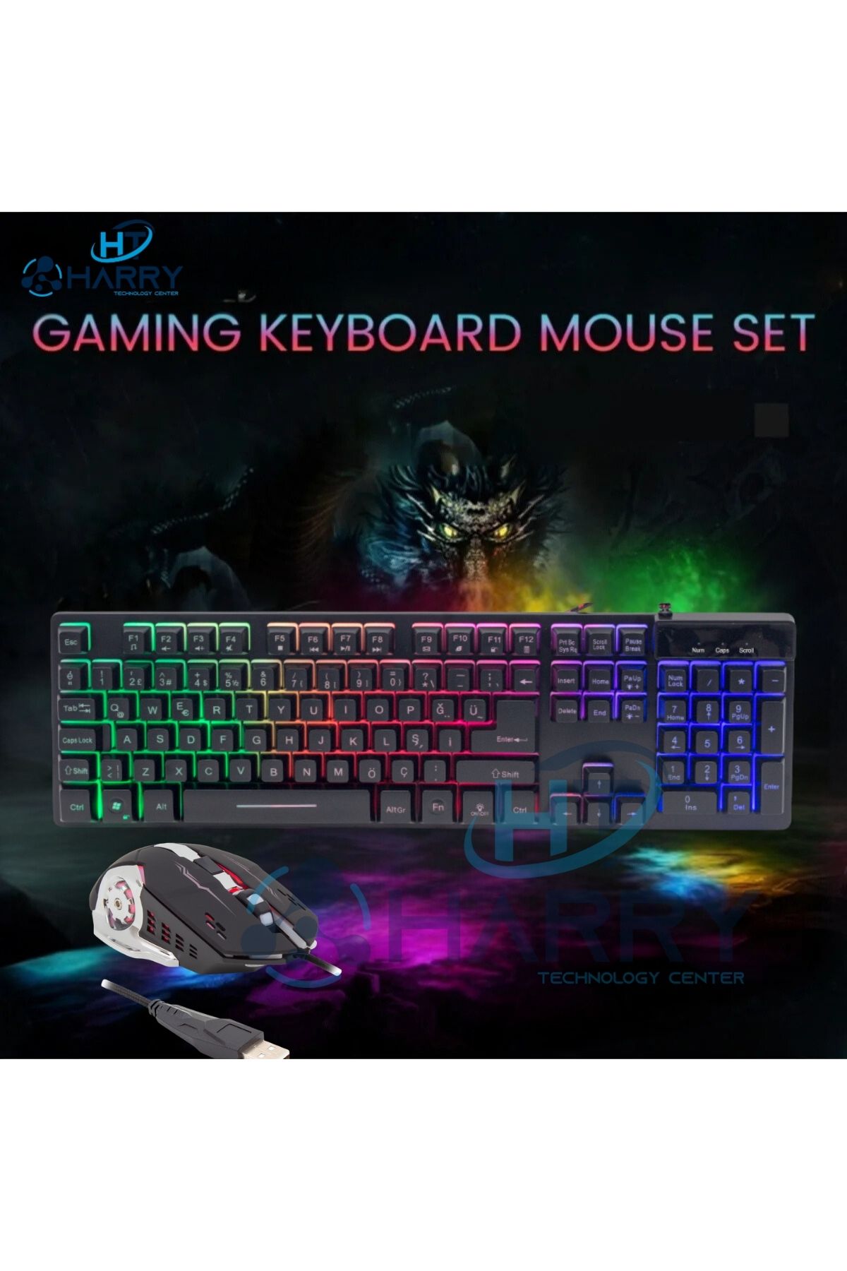 harry Metal Kasa Rgb Led Işıklı Oyuncu Klavye Mouse Seti Usb Girişli Kablolu Gaming Keyboard-mouse