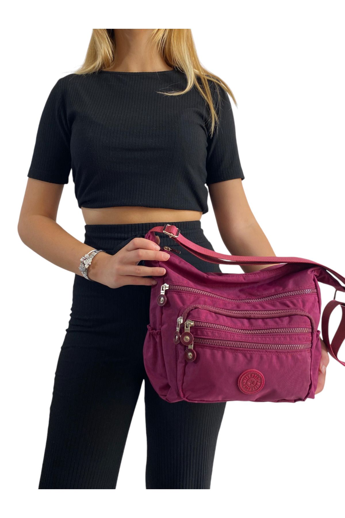 Gloria-Geantă de umăr și crossbody din țesătură Crinkle, impermeabilă, cu 6 compartimente cu fermoar 6