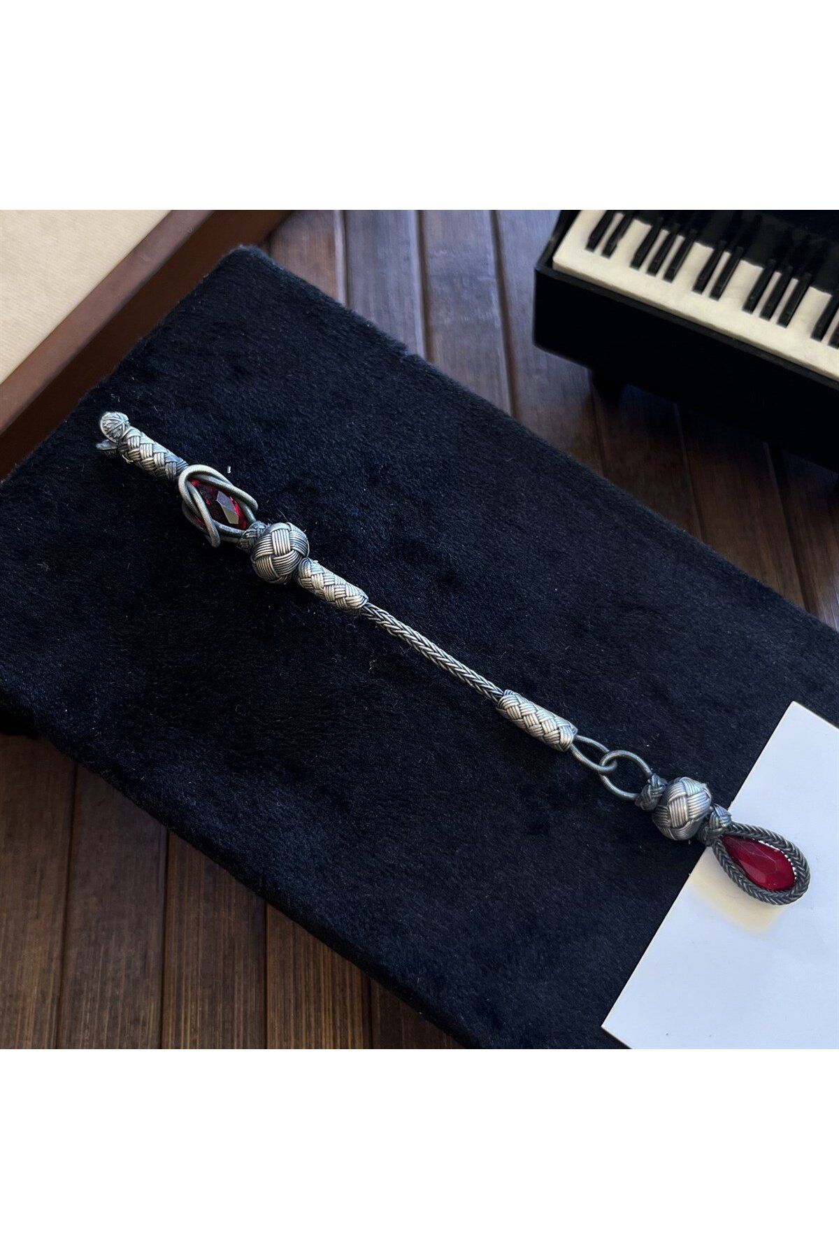 dergah tesbih-Silver Kazaziye Whips with Red Stones 2
