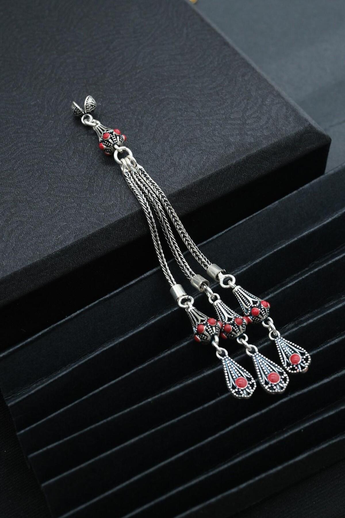 dergah tesbih-3-Piece Red Enameled Handcrafted Silver Tassel 1