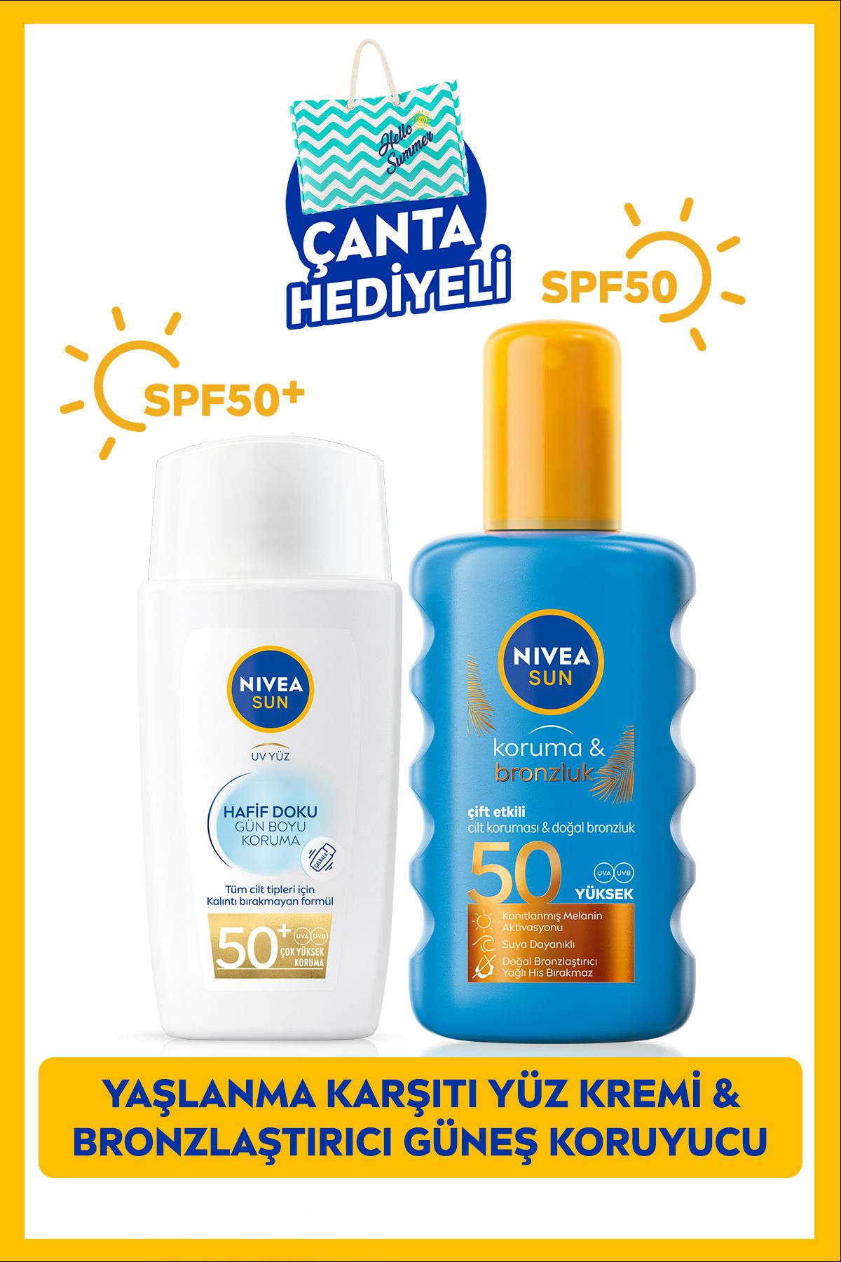 NIVEA Sun Hafif Dokulu Güneş Yüz Kremi 40ml Ve Koruyucu Bronzlaştırıcı Güneş Spreyi 200ml, Spf50, Çantalı