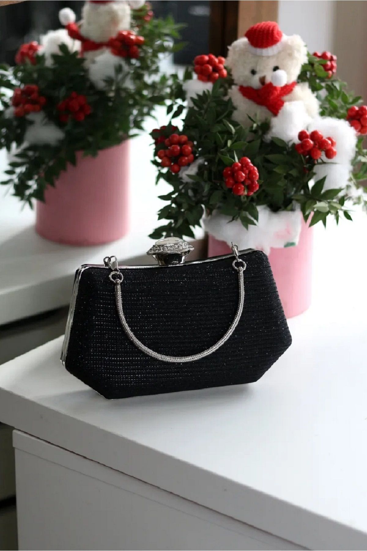 ZEYYMODA Abiye Çanta Siyah Cupra Simli Sedef Özel Kilit Açmalı Taşlı Model