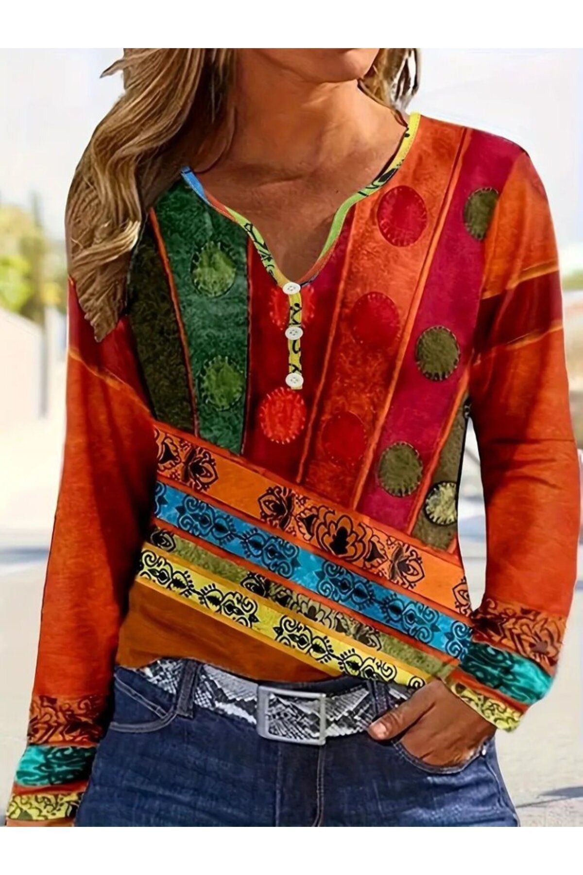 Modayakamoz-Women's Long Sleeve V Neck Multicolor Single Jersey Blouse 1