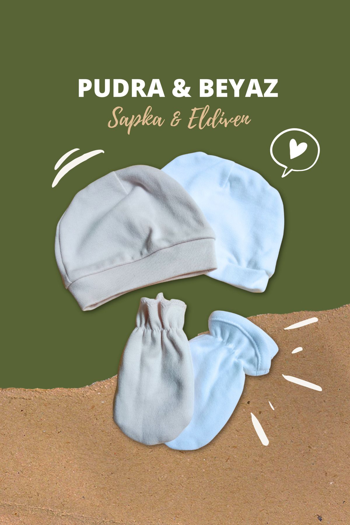 Calico Yenidoğan Bebek Unisex Şapka & Eldiven 2'li Set / Pudra - Beyaz Renk