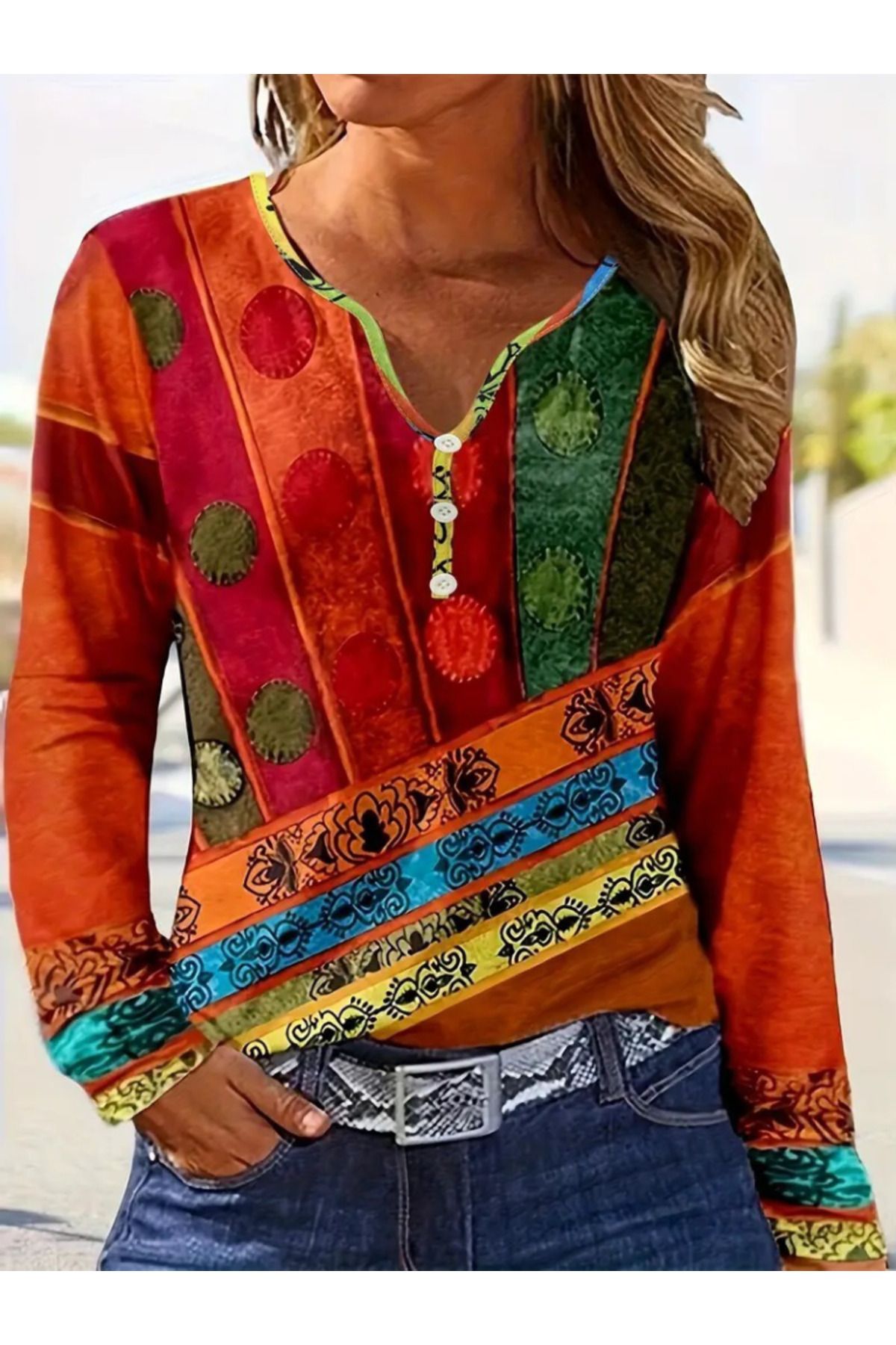 Modayakamoz-Women's Long Sleeve V Neck Multicolor Single Jersey Blouse 3