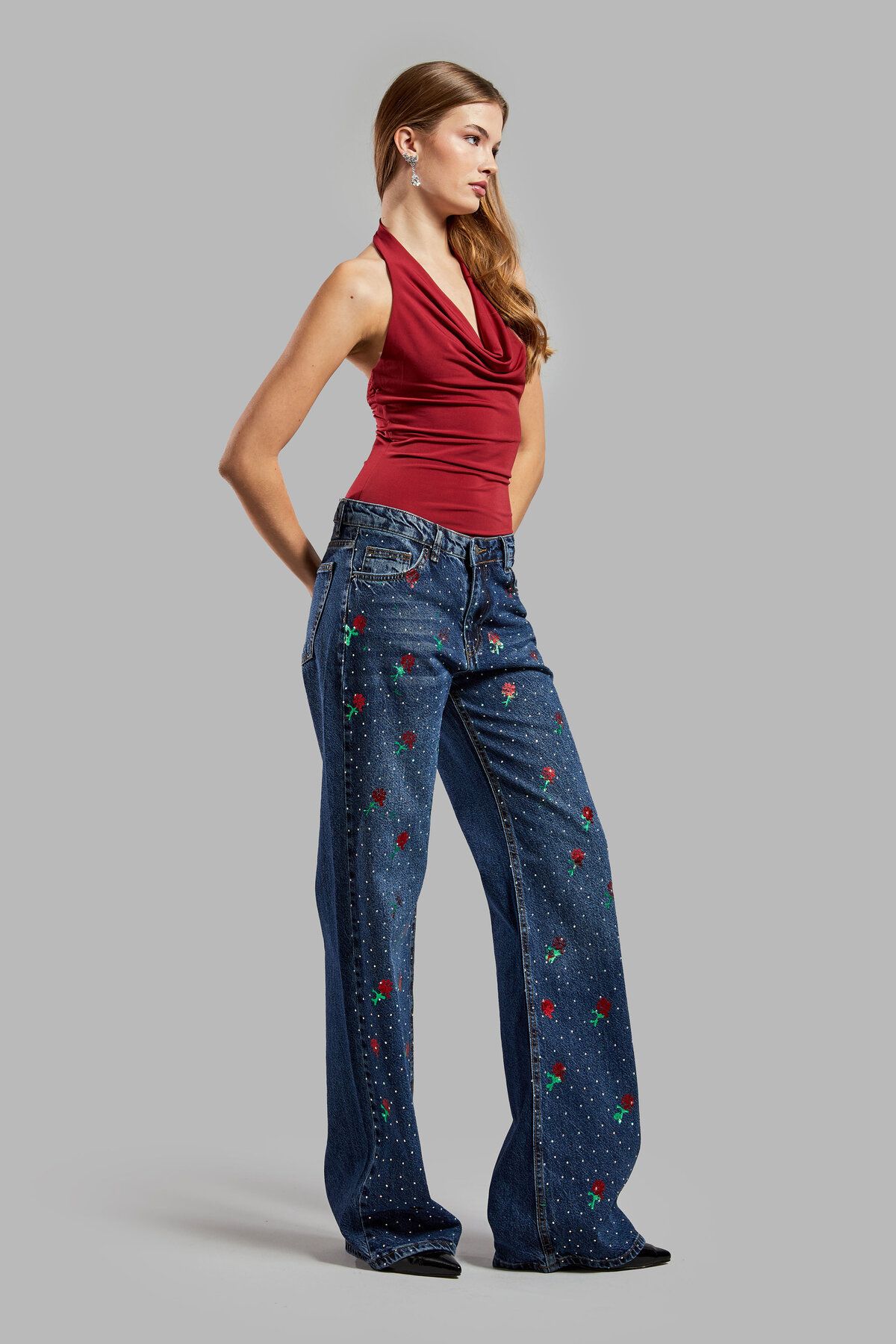 its basic-Blugi de damă Culoare T2w48 Imprimat cu flori Strălucitor Stone Loose Fit Design Denim 5