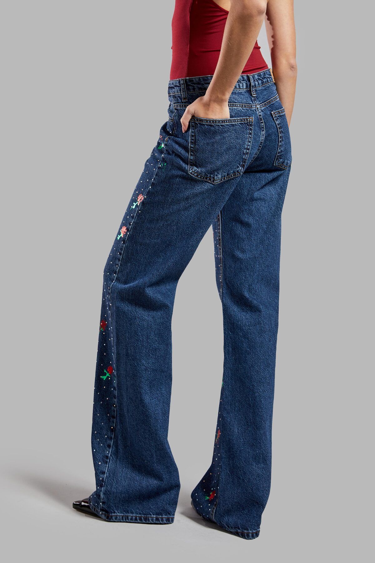 its basic-Blugi de damă Culoare T2w48 Imprimat cu flori Strălucitor Stone Loose Fit Design Denim 4
