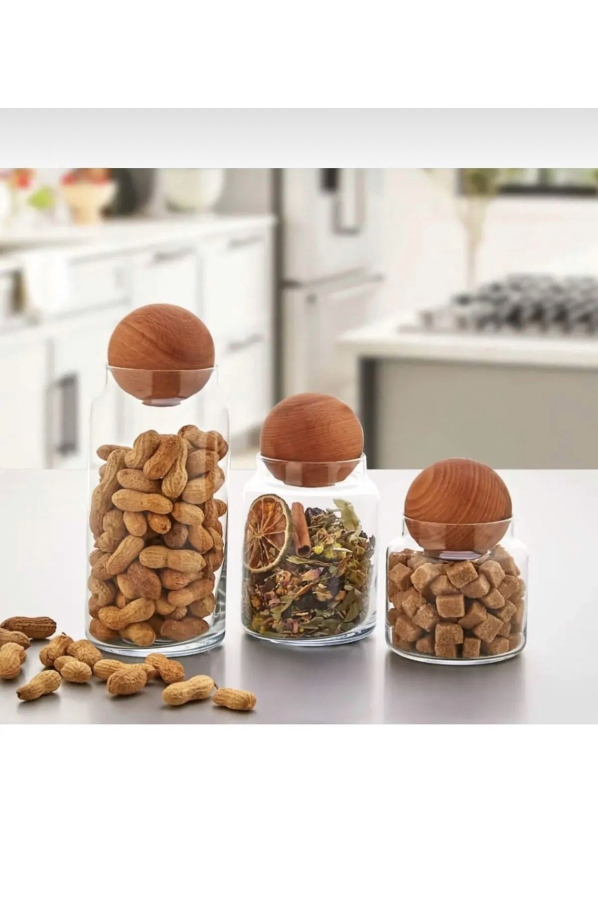 CEZVE HOME-Set of 3 Wooden Bubble Lids Glass Jars Spice Rack and Storage Container 3