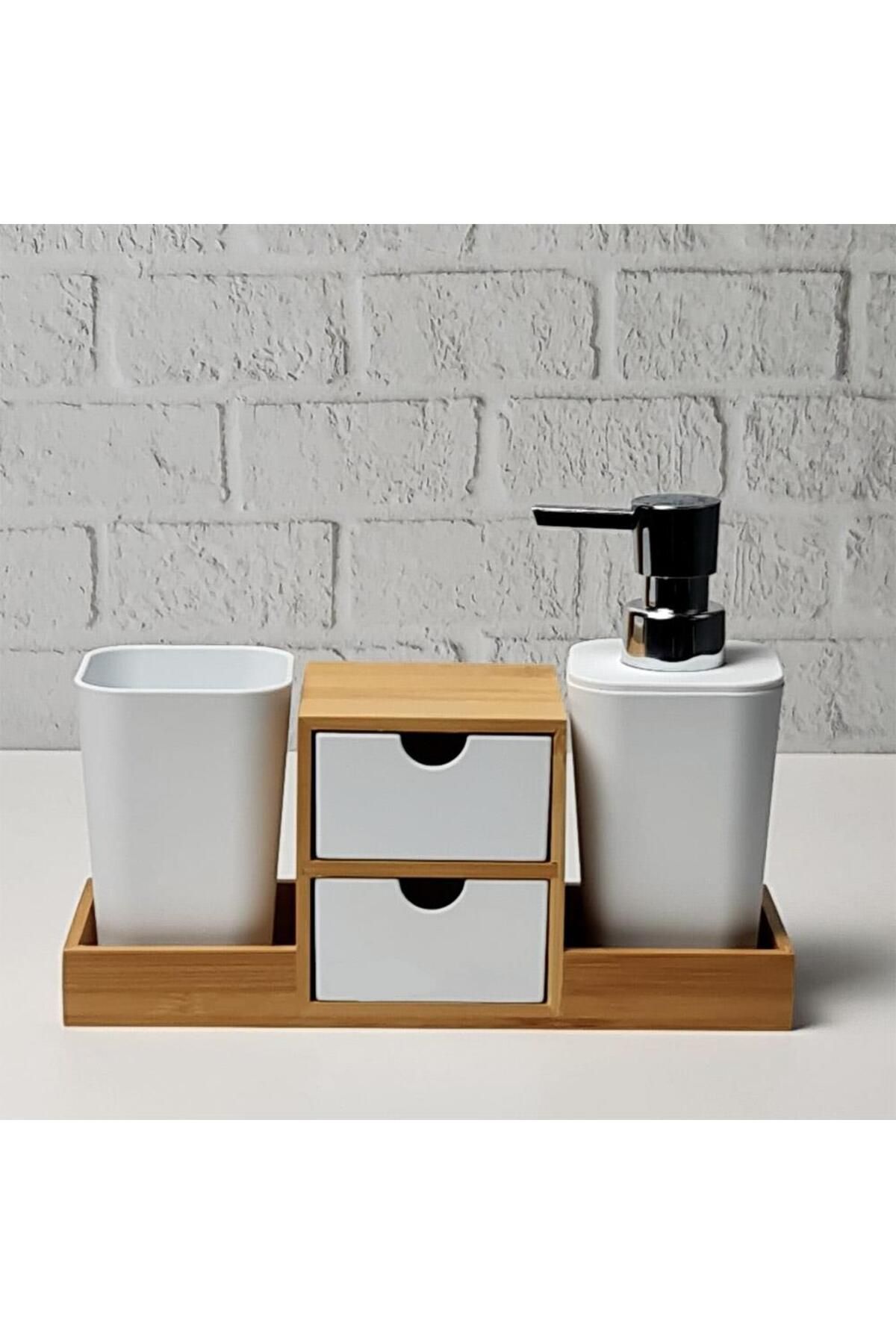 HomeTarz-Acrylic Bamboo Bathroom Sink Set with Drawer Cotton Dispenser Liquid Soap Dispenser Toothbrush Holder Set 3 Pieces 5